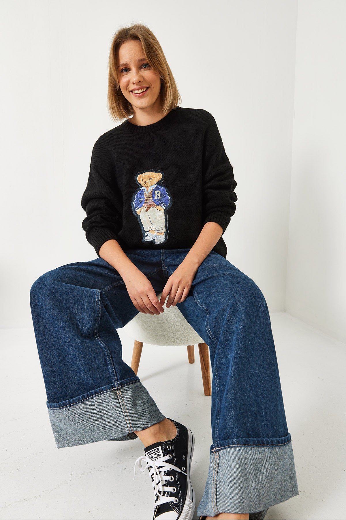 Women's Teddy Bear Printed Oversize Knitwear Sweater 60261131