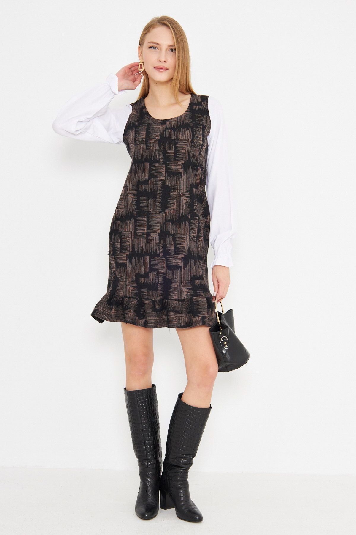 Female mink u collar skirt ruffle detailed long arm pocket dress ARM-25K001052