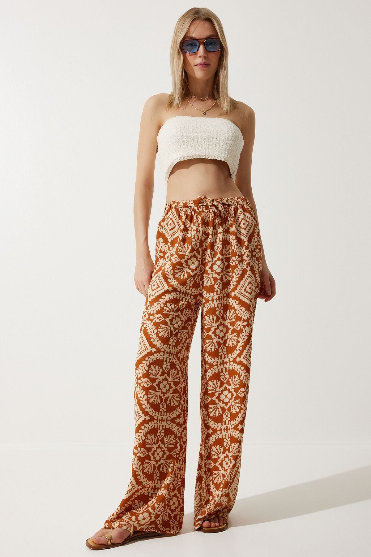 Female tile beige patterned raw linen palazzo pants BH00397