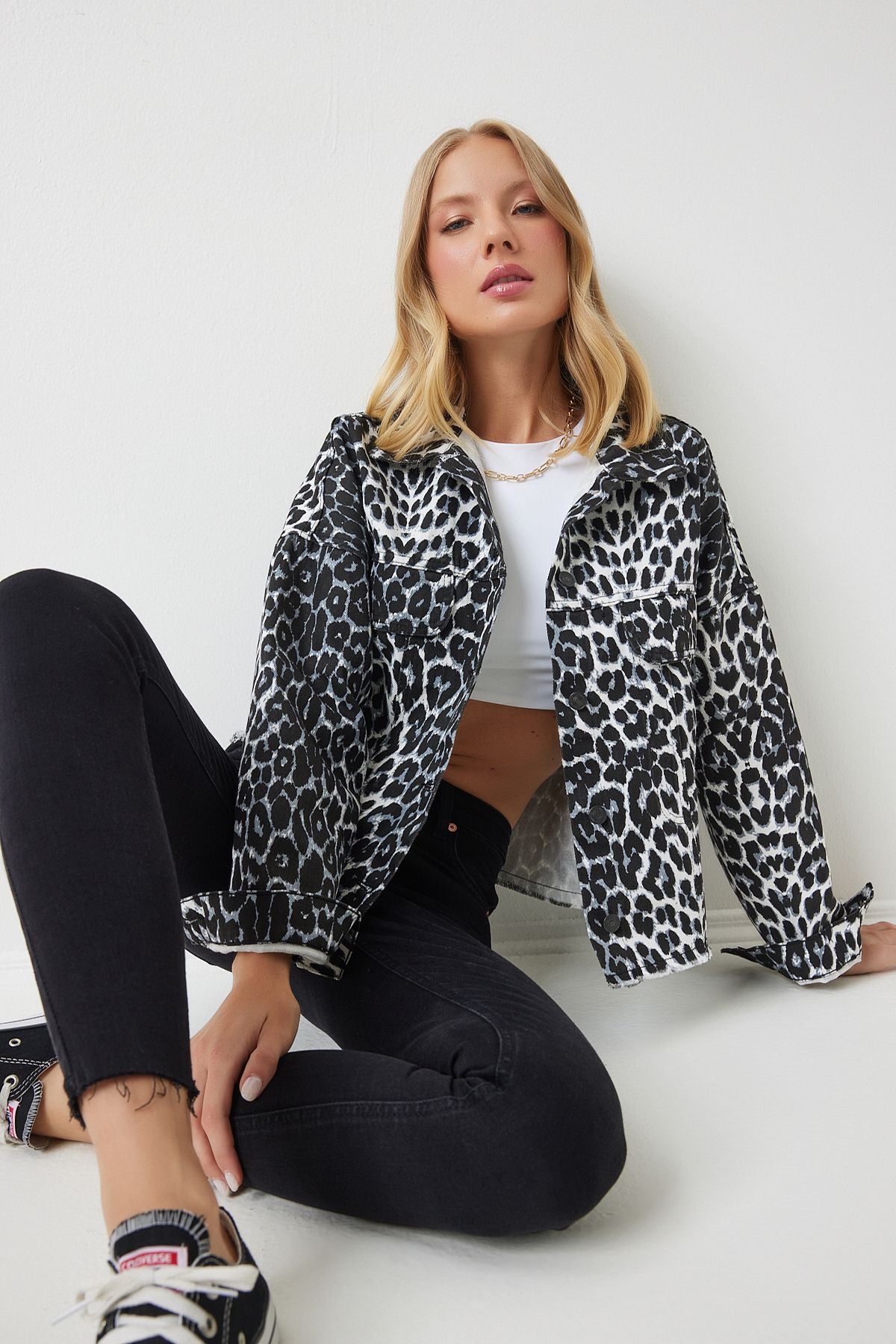 Female Black Ecru Leopard Patterned Denim Jacket VC00007