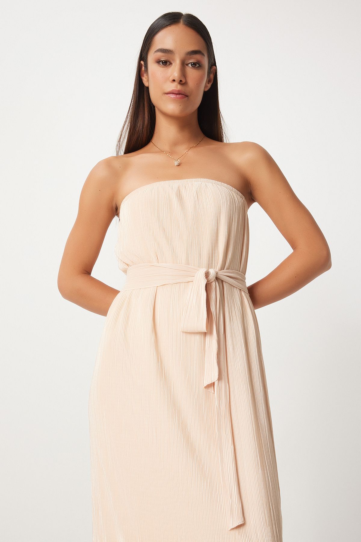 Women's Cream Strapless Born Pilicated Dress FN03237