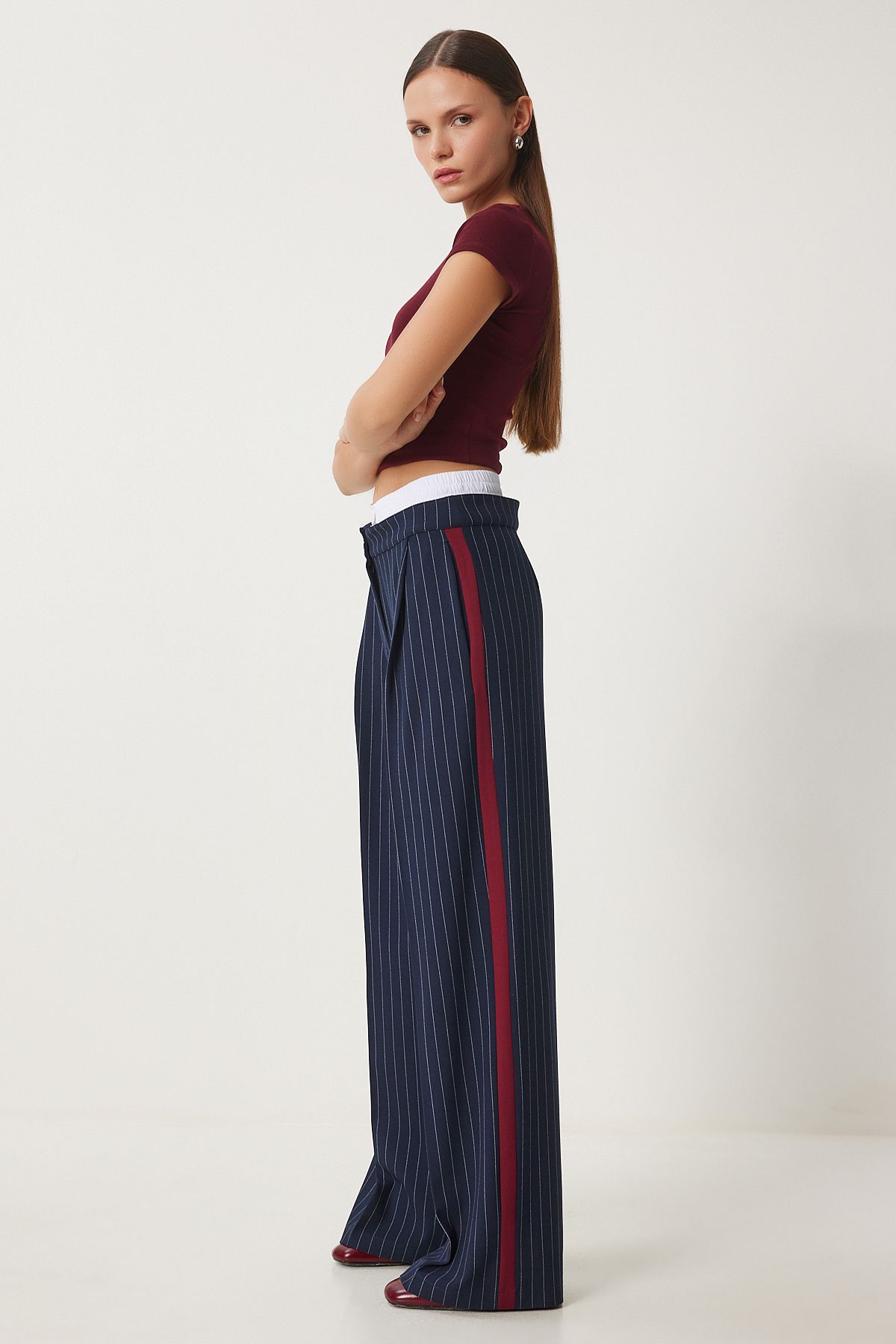 Woman Navy Blue Contrast Waist Detail Striped Weaving Pants HL00006