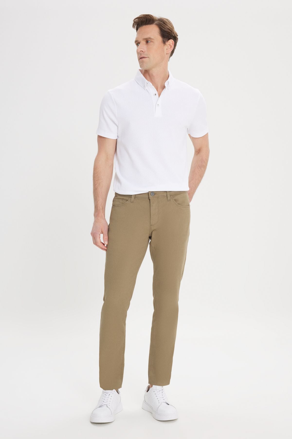 Men's Green Slim Fit Narrow Cut 5 Pocket Amelor Flexible Pants