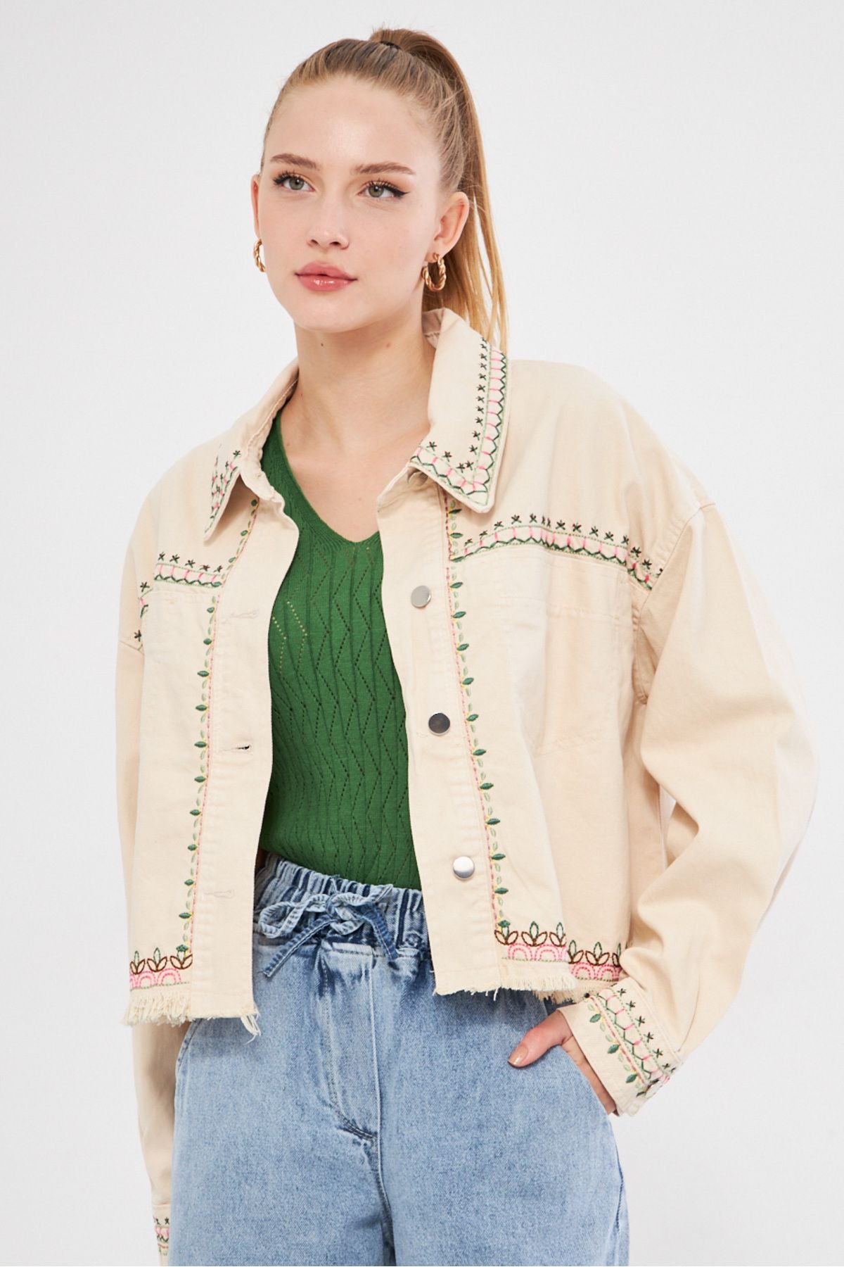 Female Beige Embroidery Pocket Skirt Tip Tassel Shirt Jacket ARM-25K025005