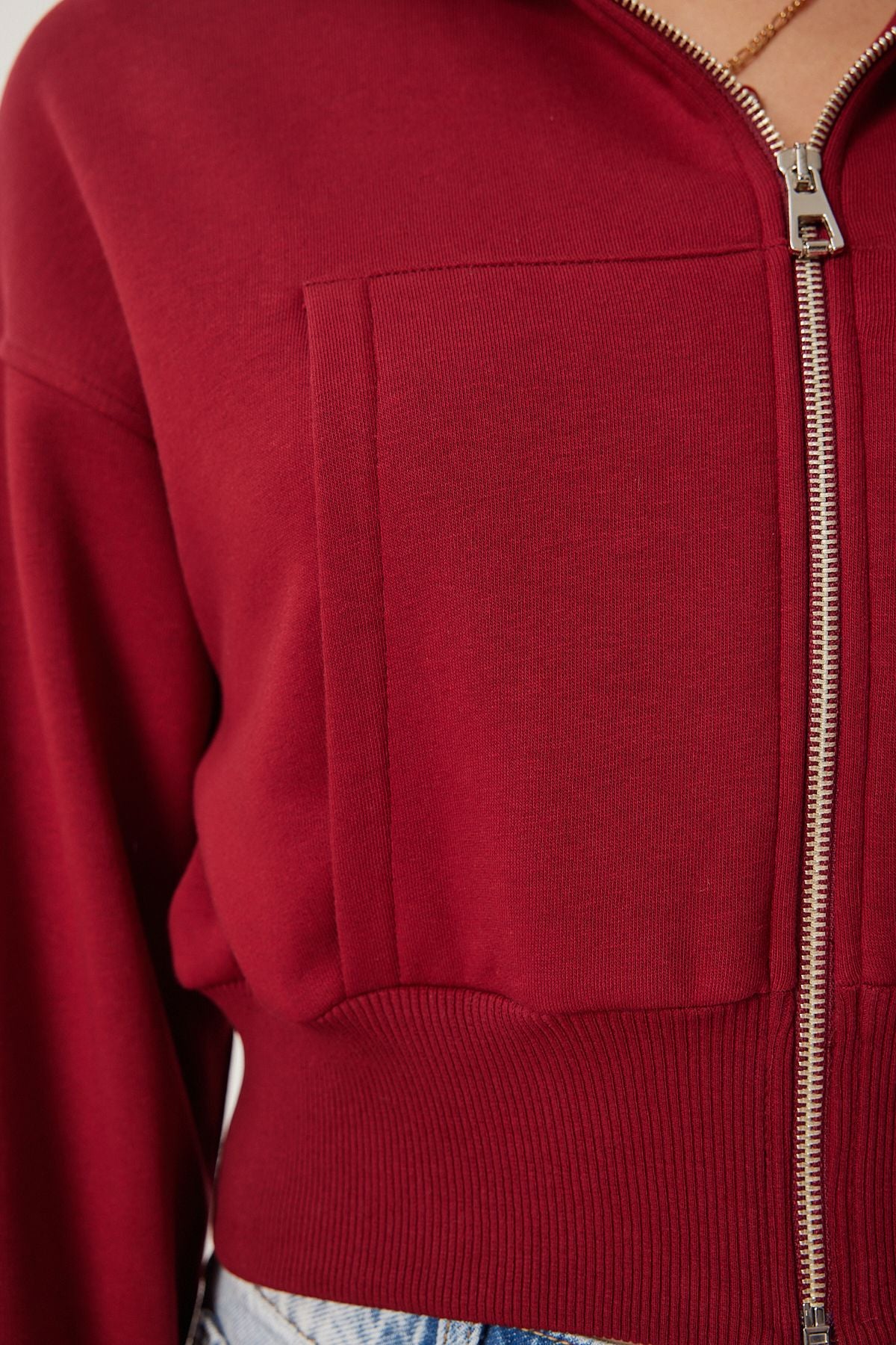 Female Bordeaux Hooded Sweatshirt with Zippered Zipper Ow00051