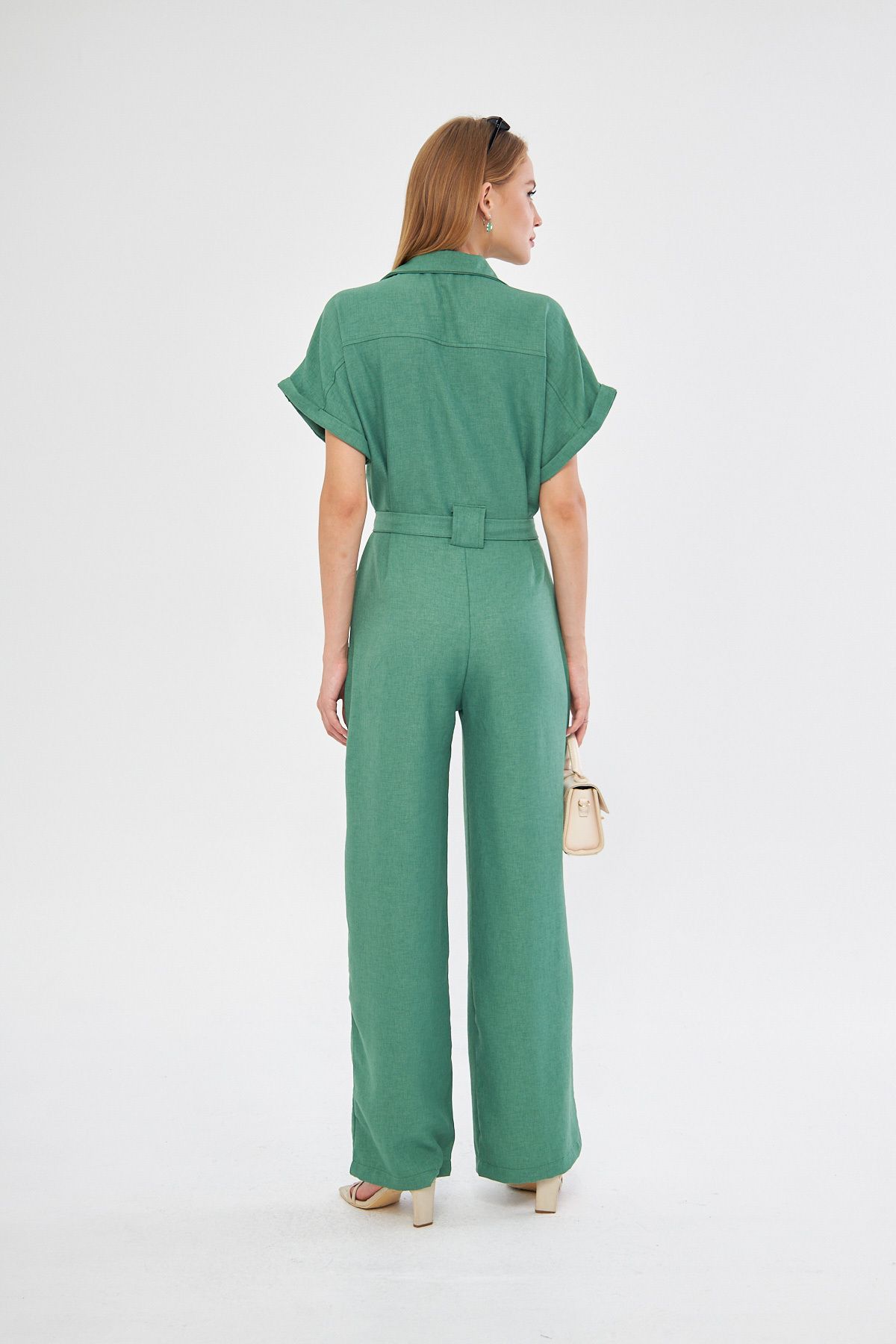 Woman Dark Green Front Buttoned Waist Belled Pocket Bat Arm Palazzo Tulum ARM-24Y001105