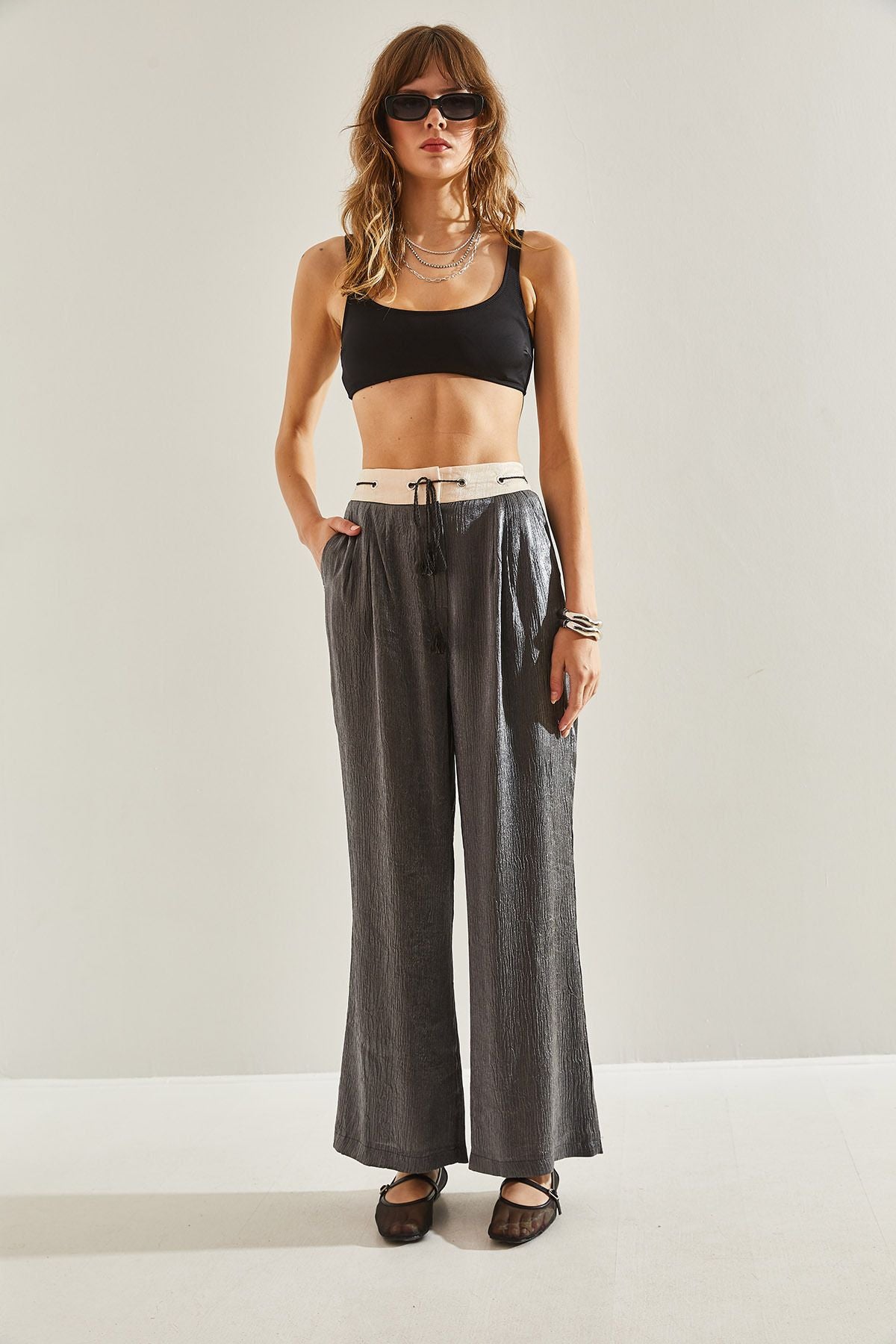 Female Baglama Rope Detailed Yüksel Bel Jacquard Palazzo Pants 60251119