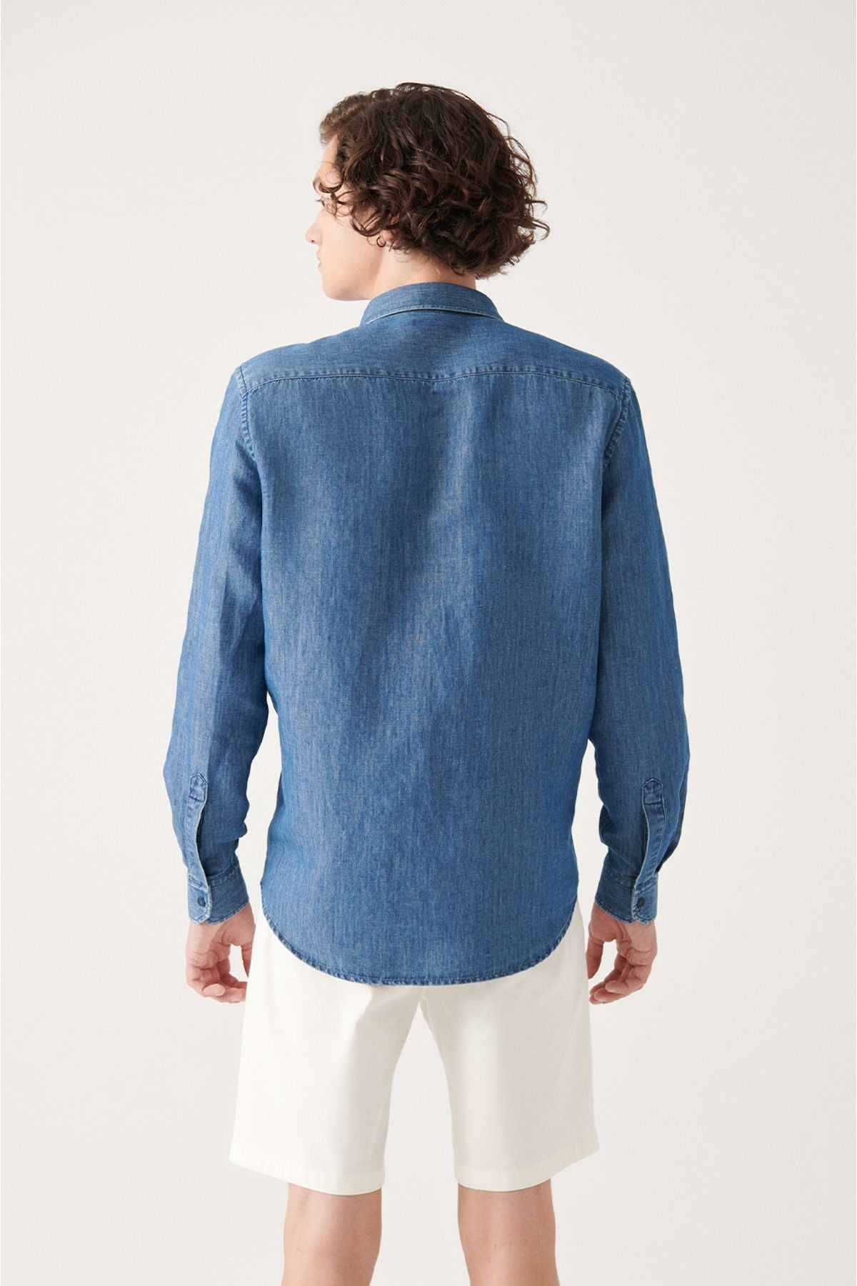 Men's Blue Cotton Snap Marine Printed Denim Shirt A31y2224