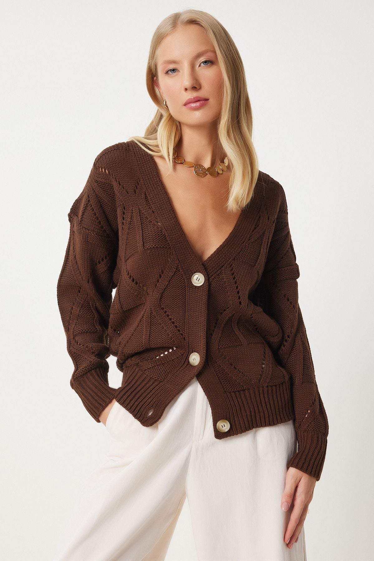 Women's brown motif knitwear cardigan xk00001