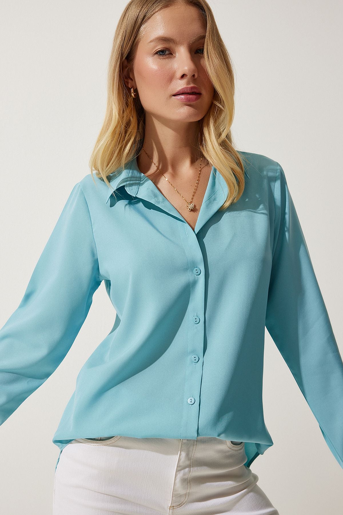Female turquoise soft textured basic shirt DD01297
