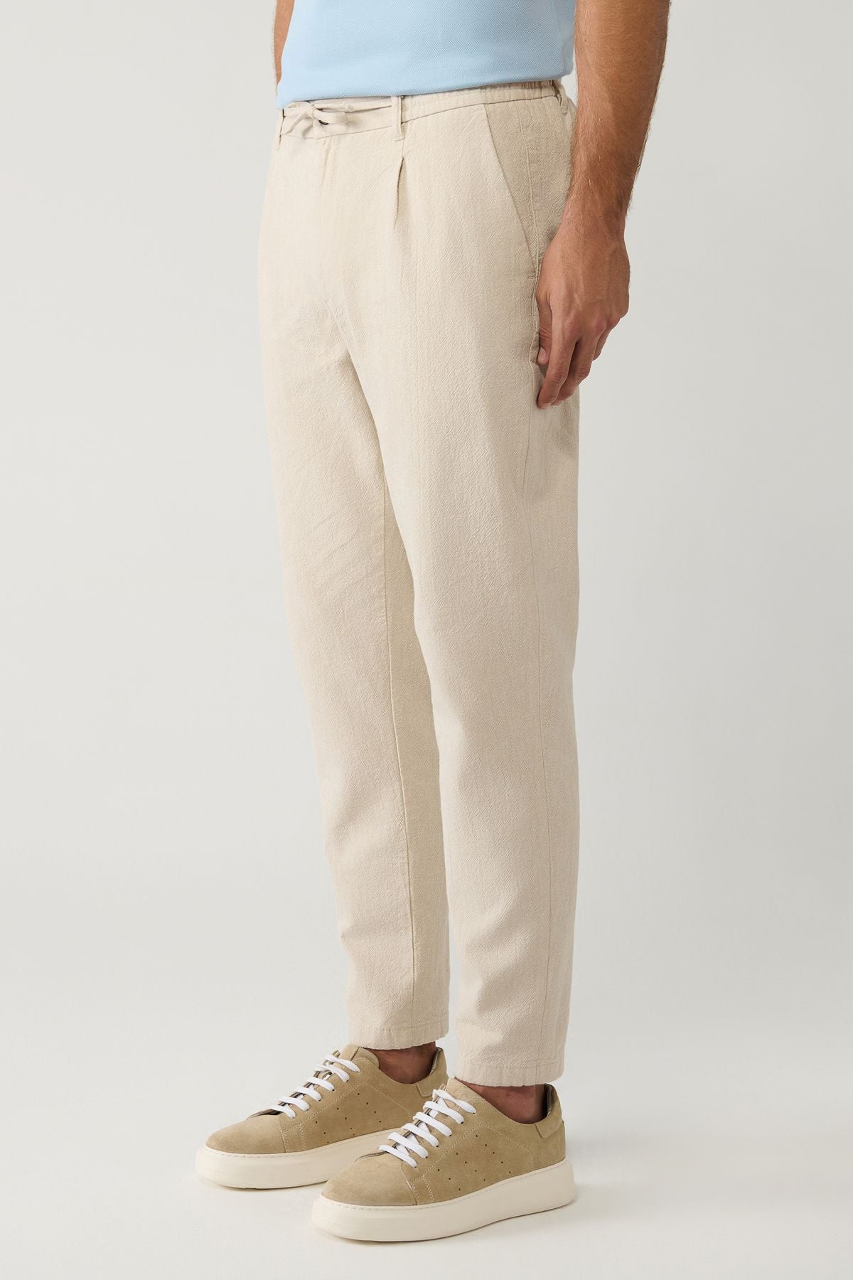 Men's Beige Waist Lacked Lined Linen Cotton textured Chino Pants B003036