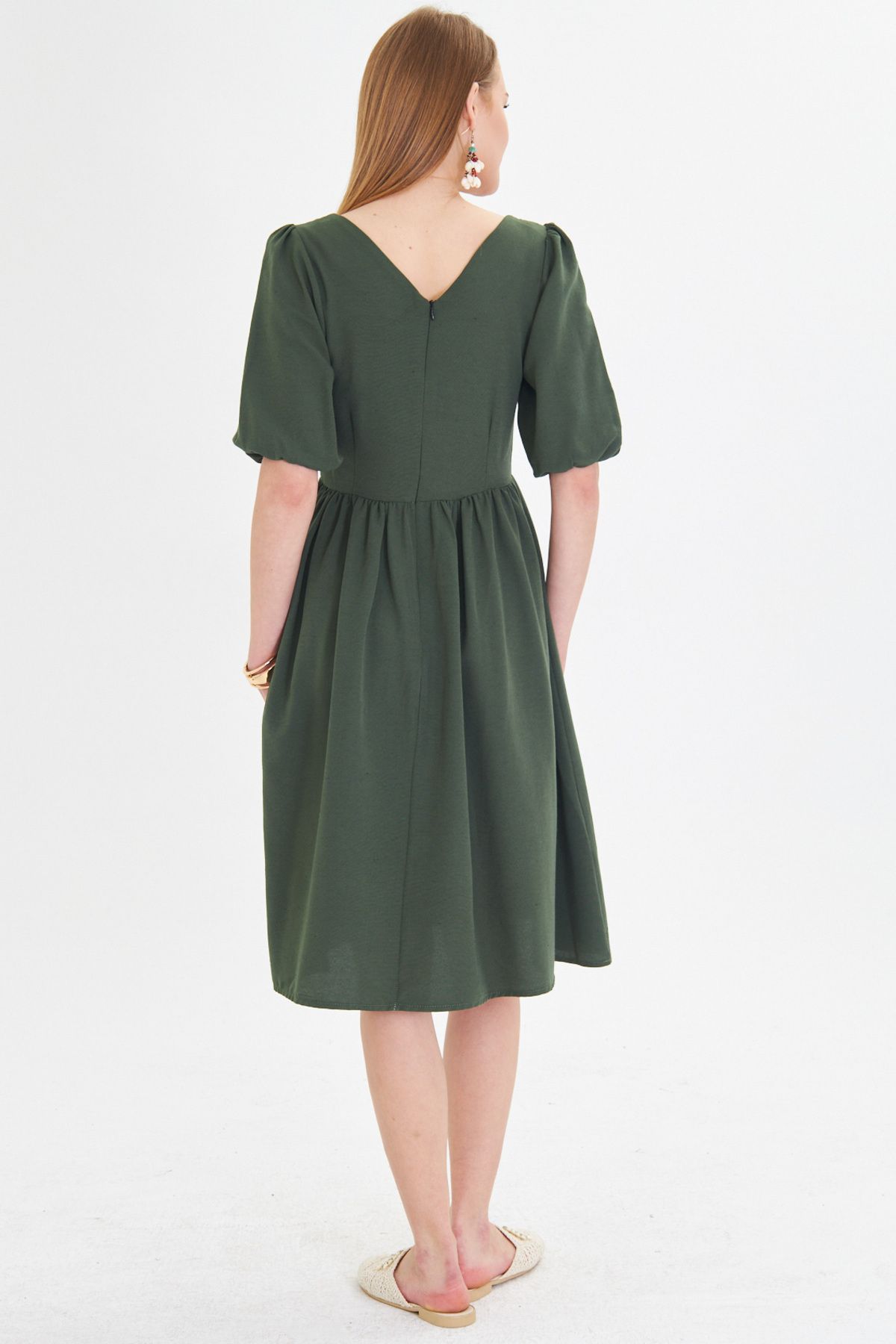 Woman Khaki U collar arms with rubber waist shirred midi size dress ARM-25Y001003