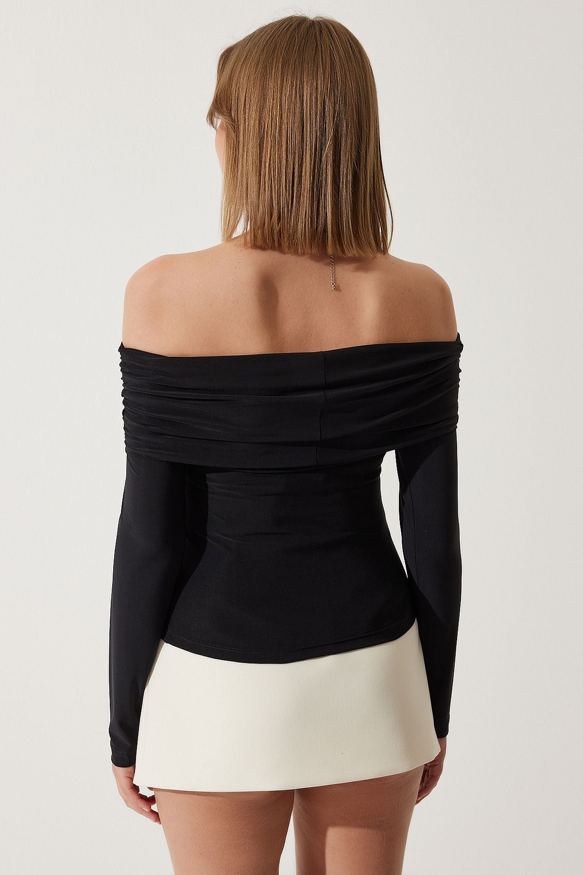 Female black shoulders open shirring detailed blouse FF00161