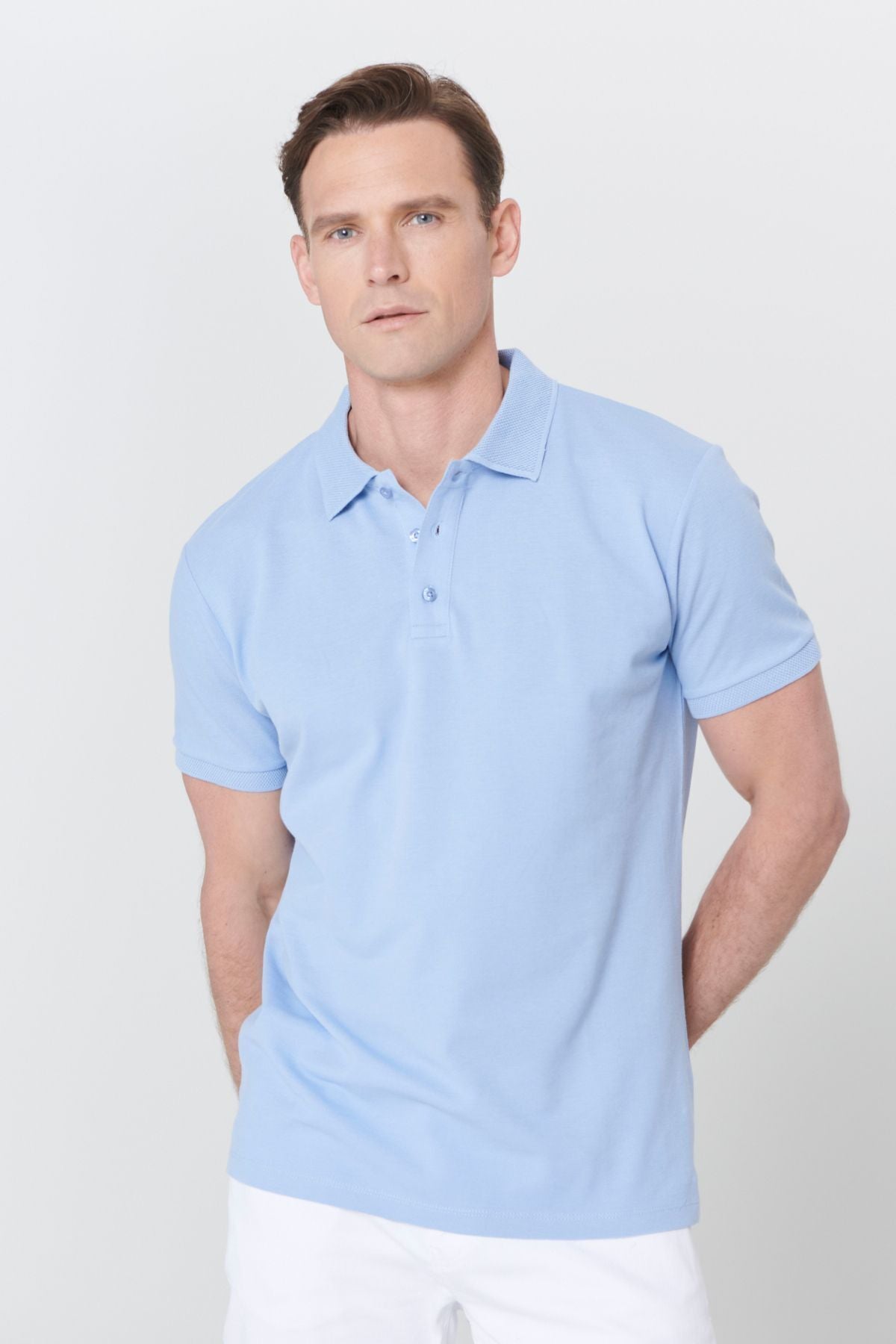 Men's light blue 100 %cotton curved Pike Polo collar slim fit narrow cut t -shirt