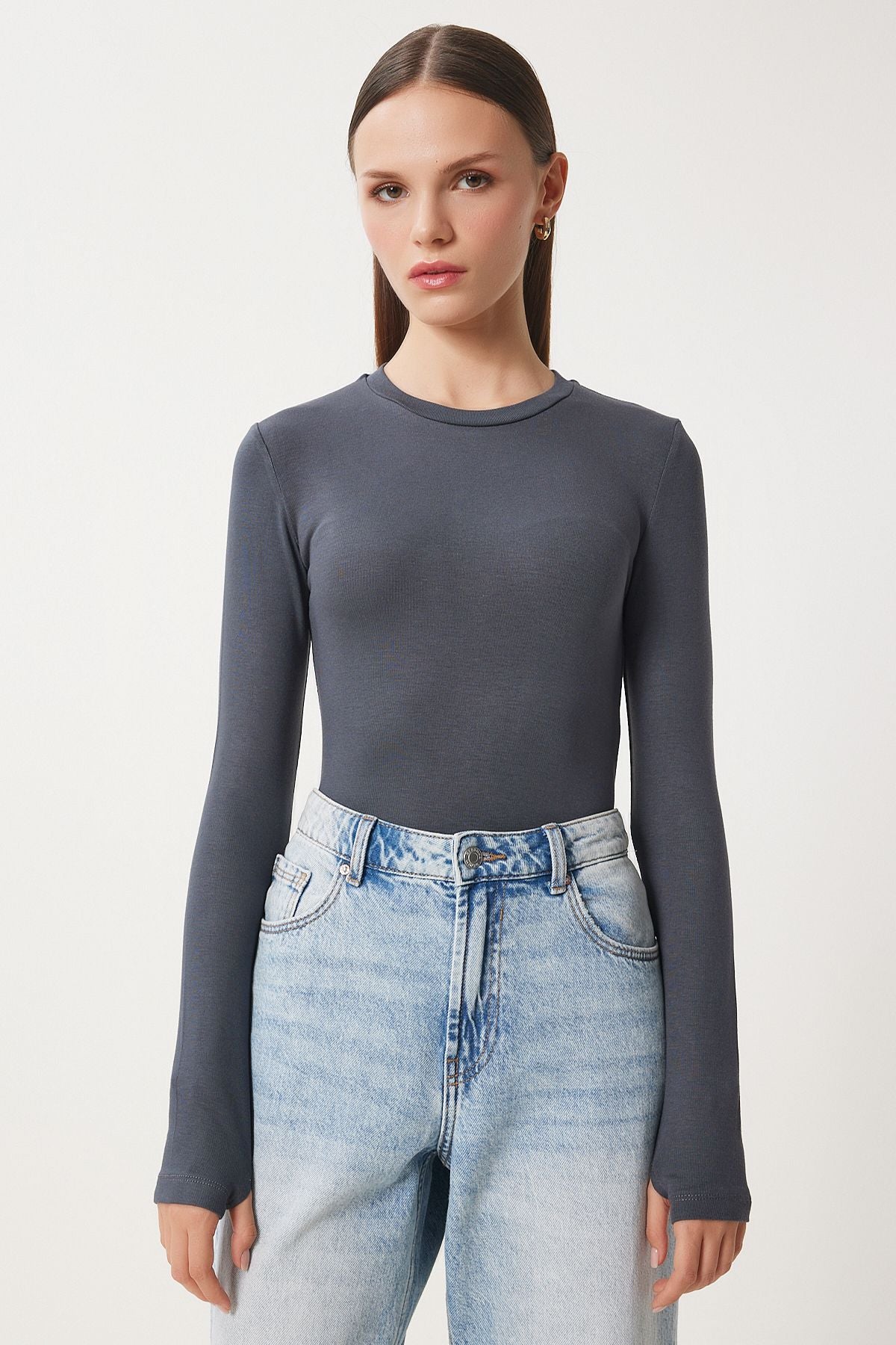 Woman anthracite bicycle collar Basic knit blouse CR00439