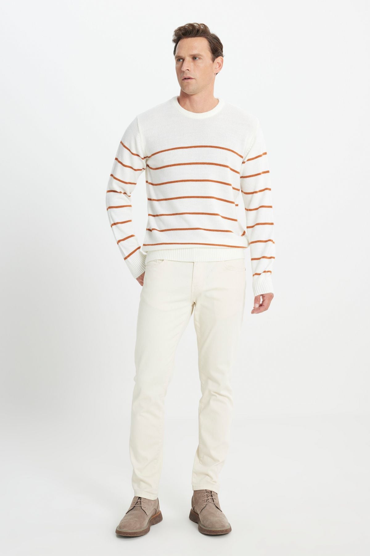 Men's Ecru-Karamel Standard Fit Normal Cut Normal Cycling Bicycle Yaka striped knitwear sweater