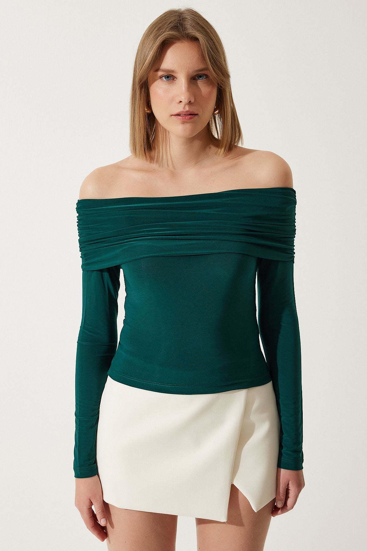Female emerald green shoulders open shirring detailed blouse ff00161