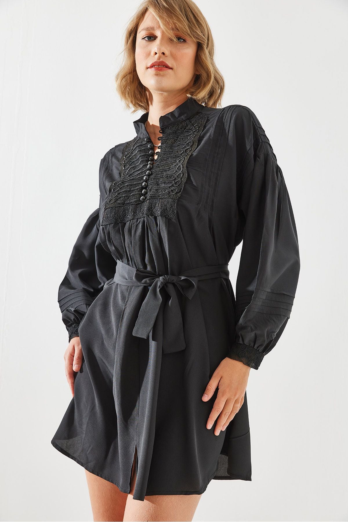 Women's collar fisto and button detailed long sleeve dress 22195 60251603