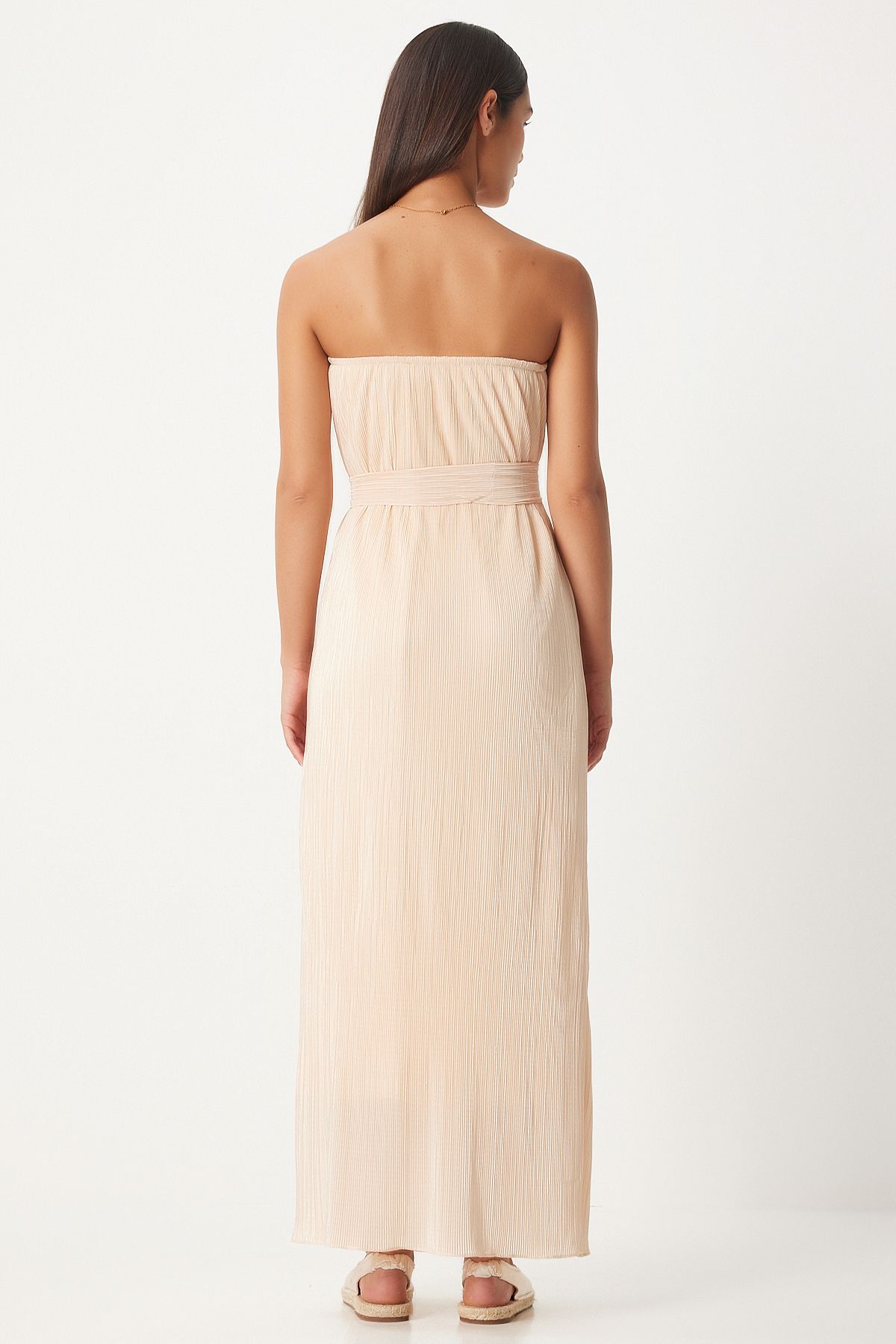 Women's Cream Strapless Born Pilicated Dress FN03237