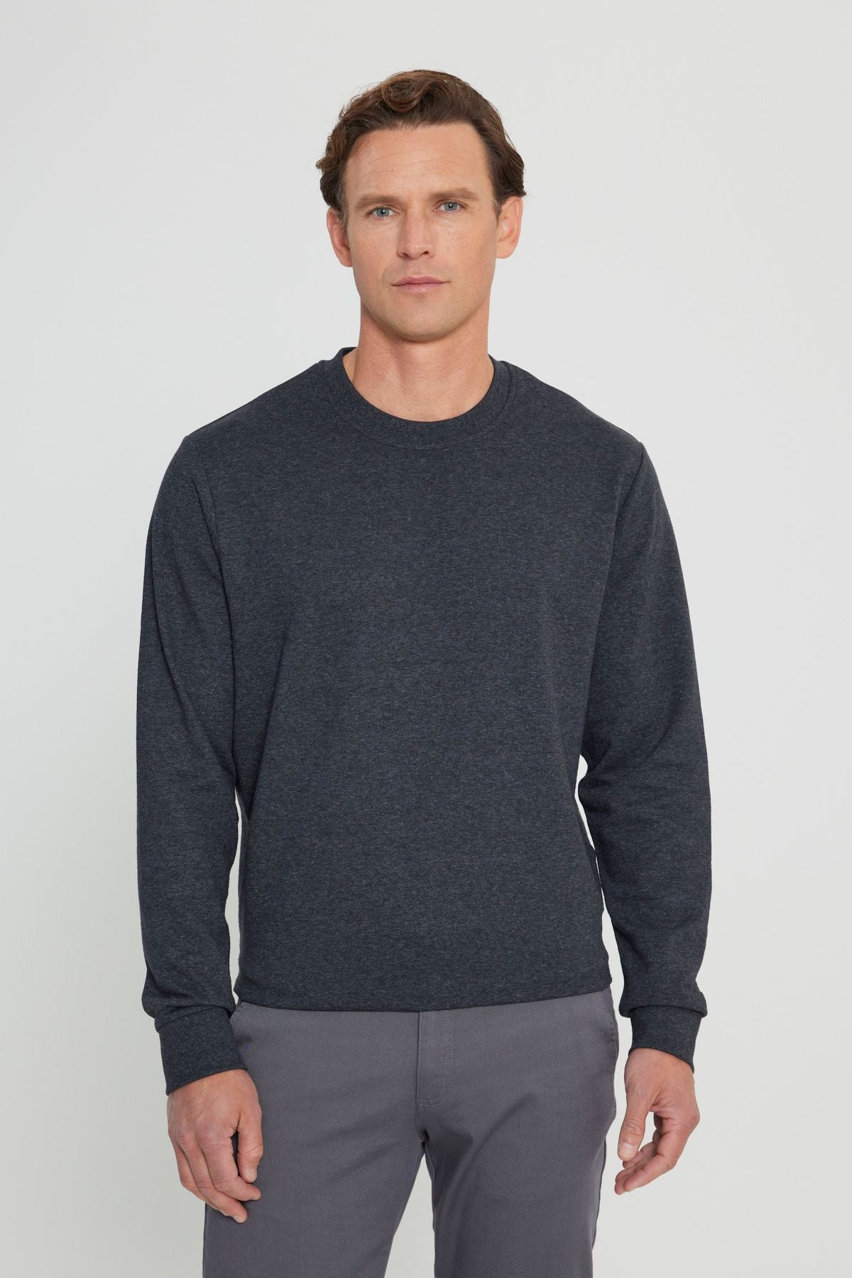 Men's anthracit-melanj standard fit normal cut 2 yarn recycle cotton bike collar sweatshirt