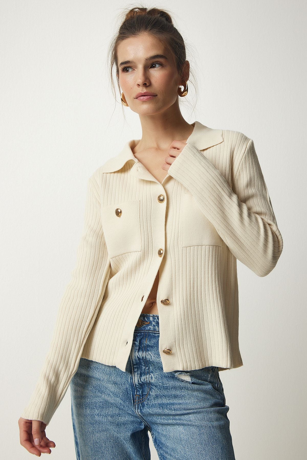 Women's cream metal button knitwear cardigan BV00109