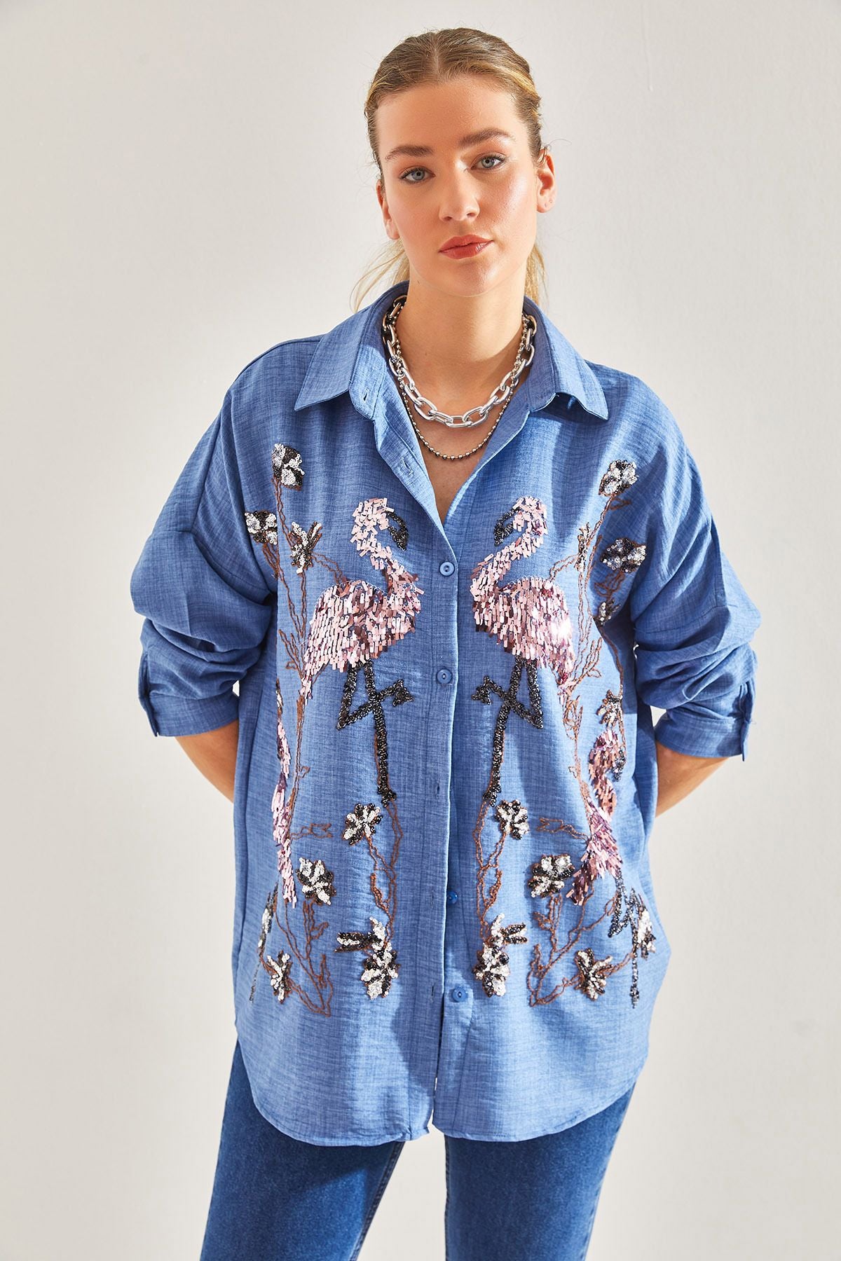 Female Flamingo Stamp Embroidered Sofia Keten Shirt 60181012