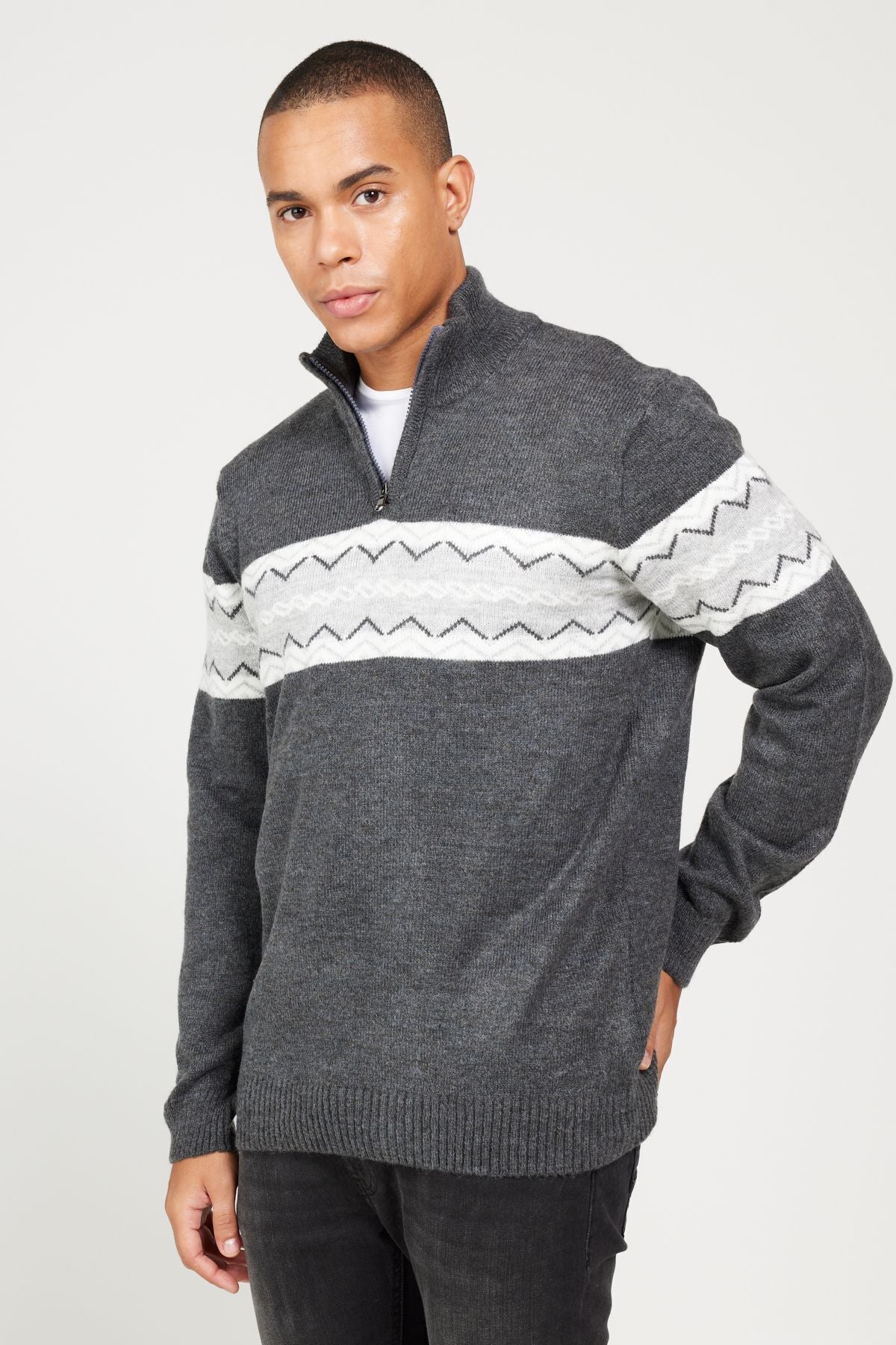 Men's smoked-gray standard fit Normal cut upright collar woolen chart soft textured knitwear sweater