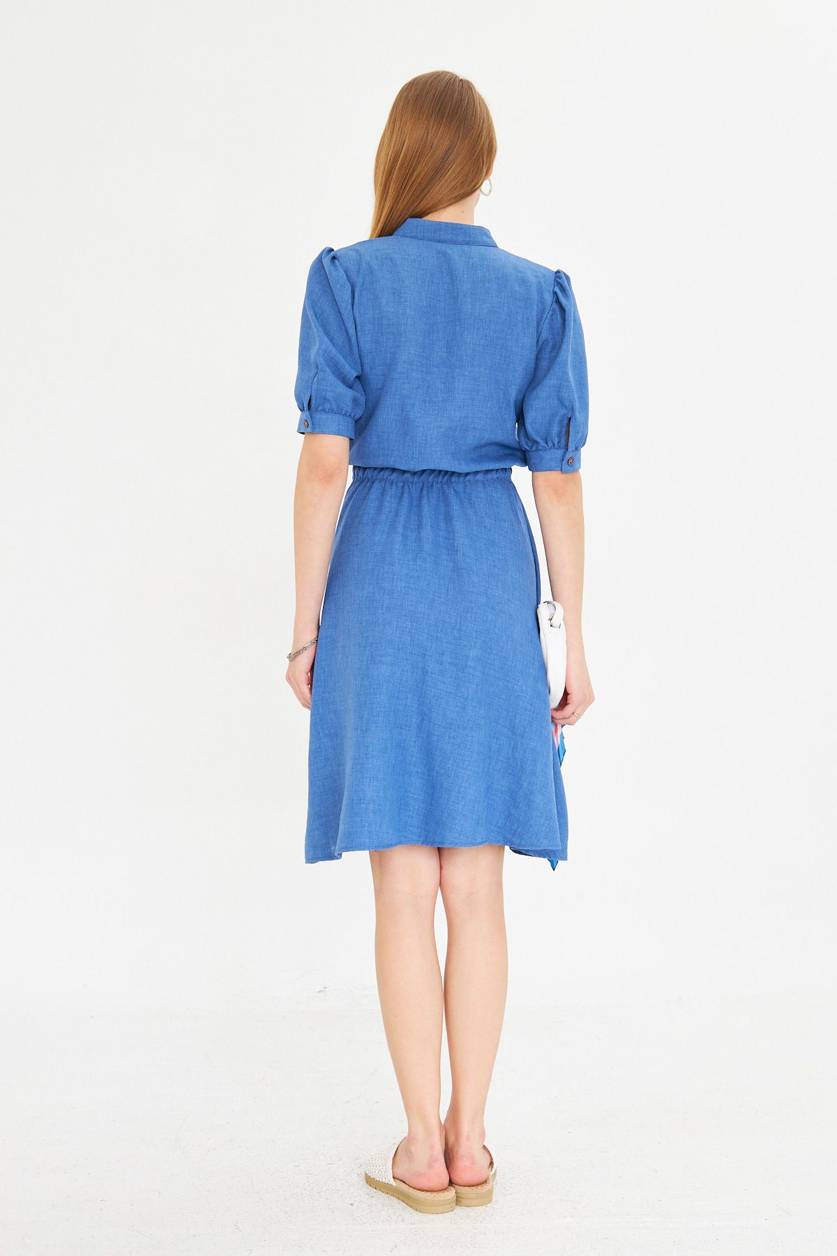 Woman Dark Blue V-Yaka Waist Waist Tire Short Sleeve Clash Dress ARM-25Y001001