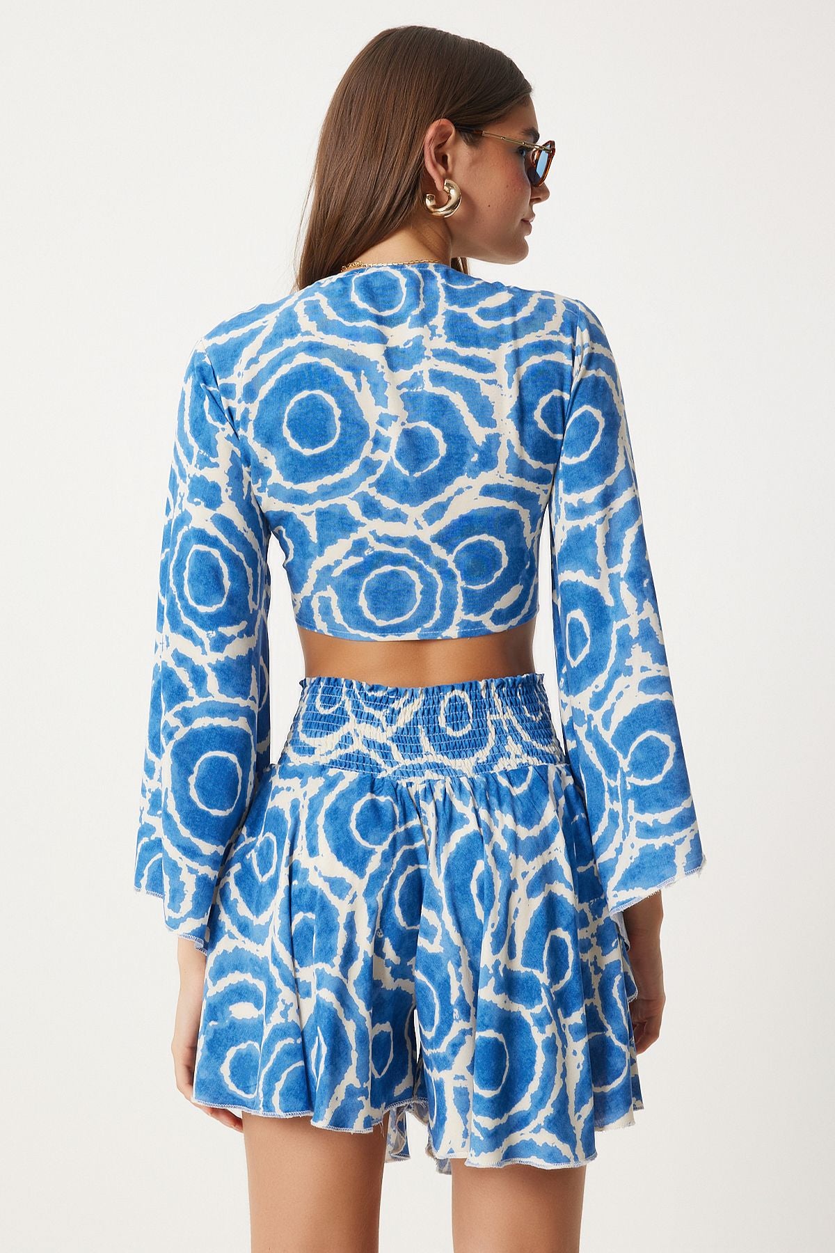 Women's Blue Cream Patterned Blouse Short Set DK00171