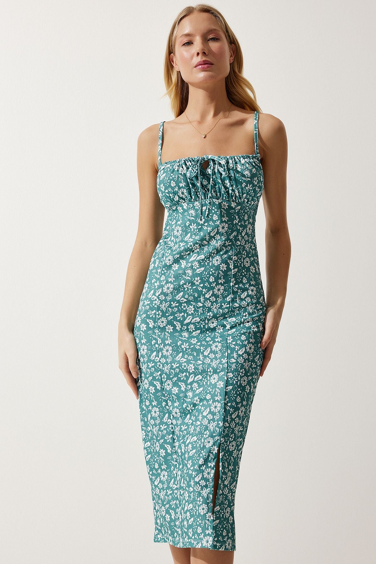 WOMEN'S WATER GREEN FLOWER SWEED SUMMER Knitting Dress CI00029