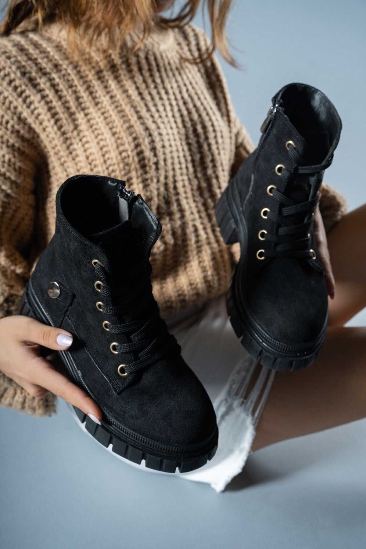 Black Suede Woman Zipper Bot 0012841