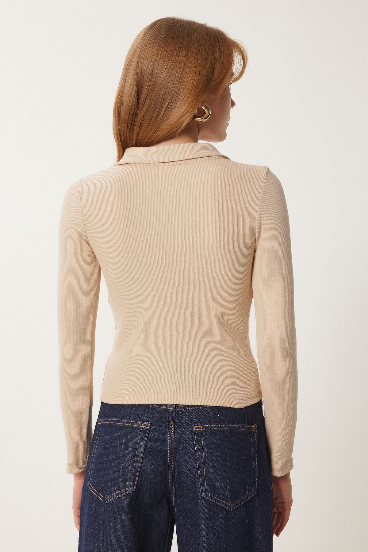 Women's cream polo collar wick knitted blouse GT001111