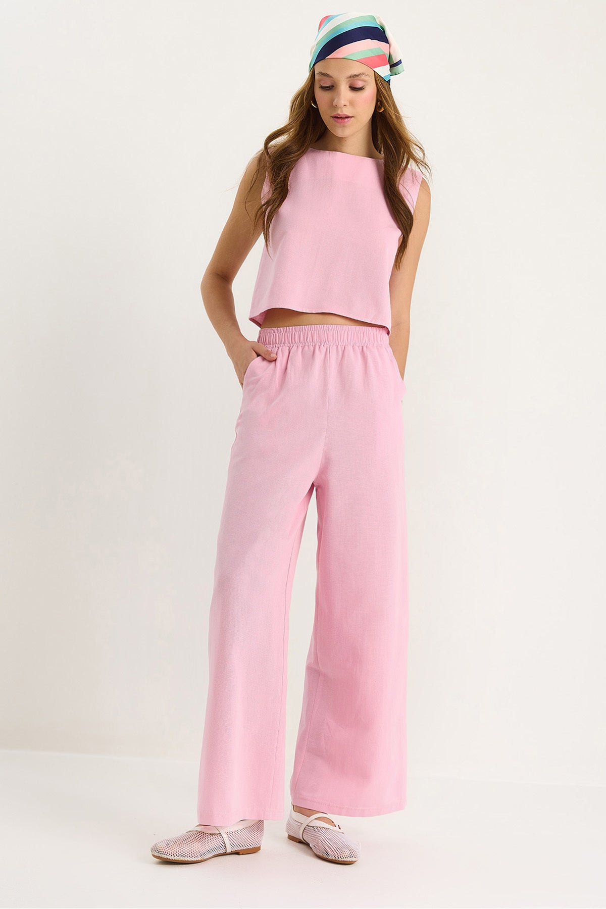 Women's Thick Strap Blouse with Elastic Waist Pocket Detail and Loose Pants Linen Suit 9384 60281086