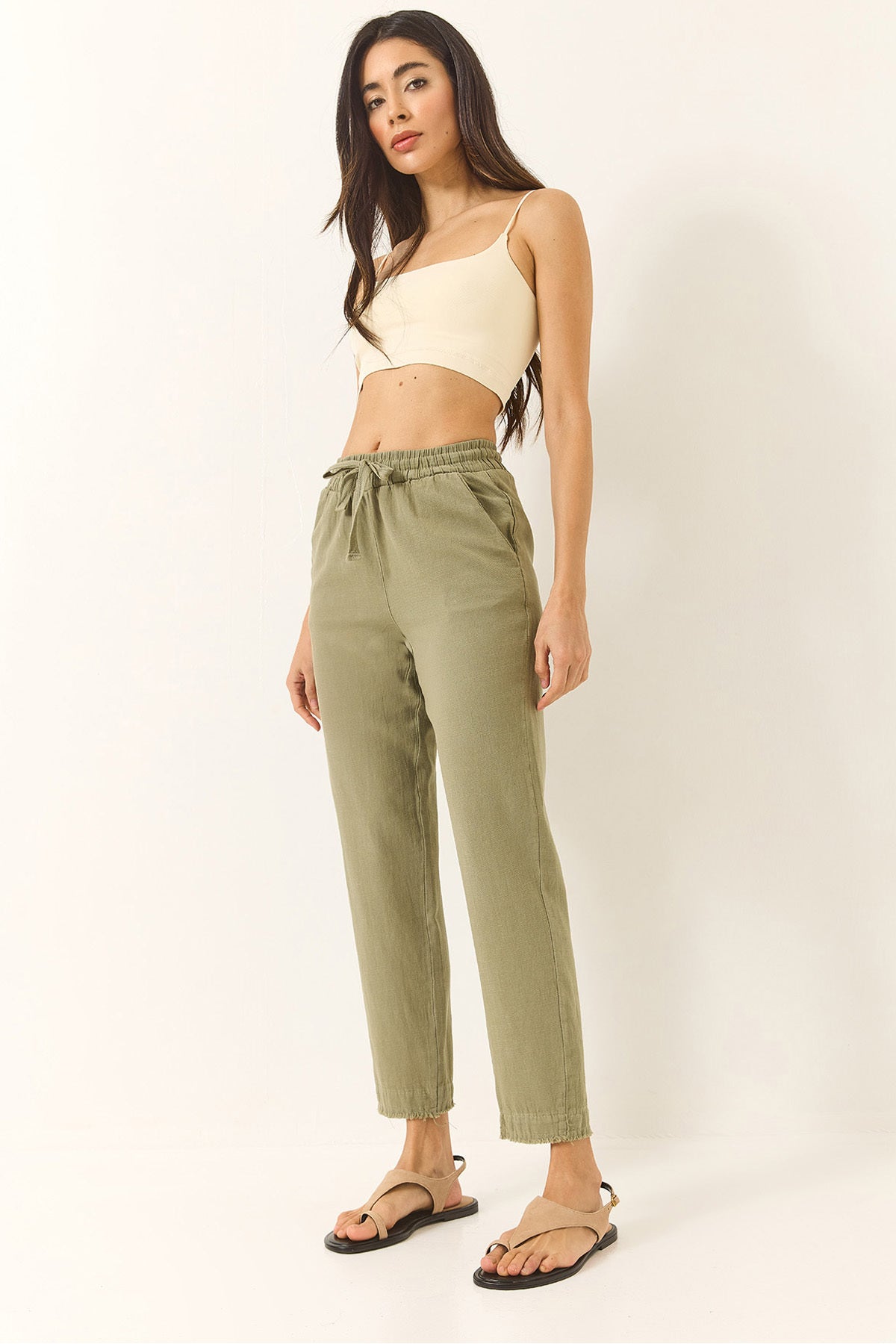 Women's Tie Waist Detailed Pocket Linen Carrot Trousers YP5134 60283180