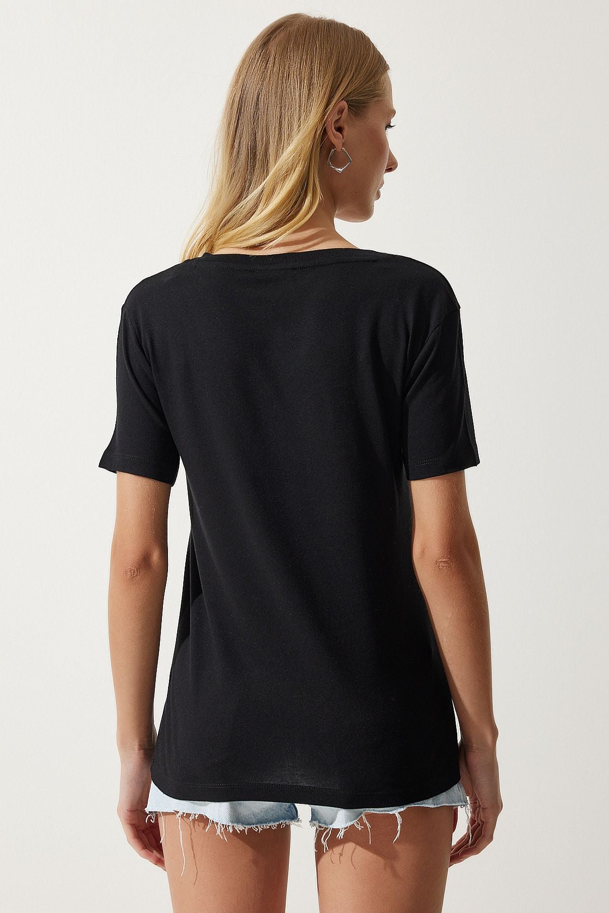 Female Black V-Neck Modal Knitting T-Shirt HW00009