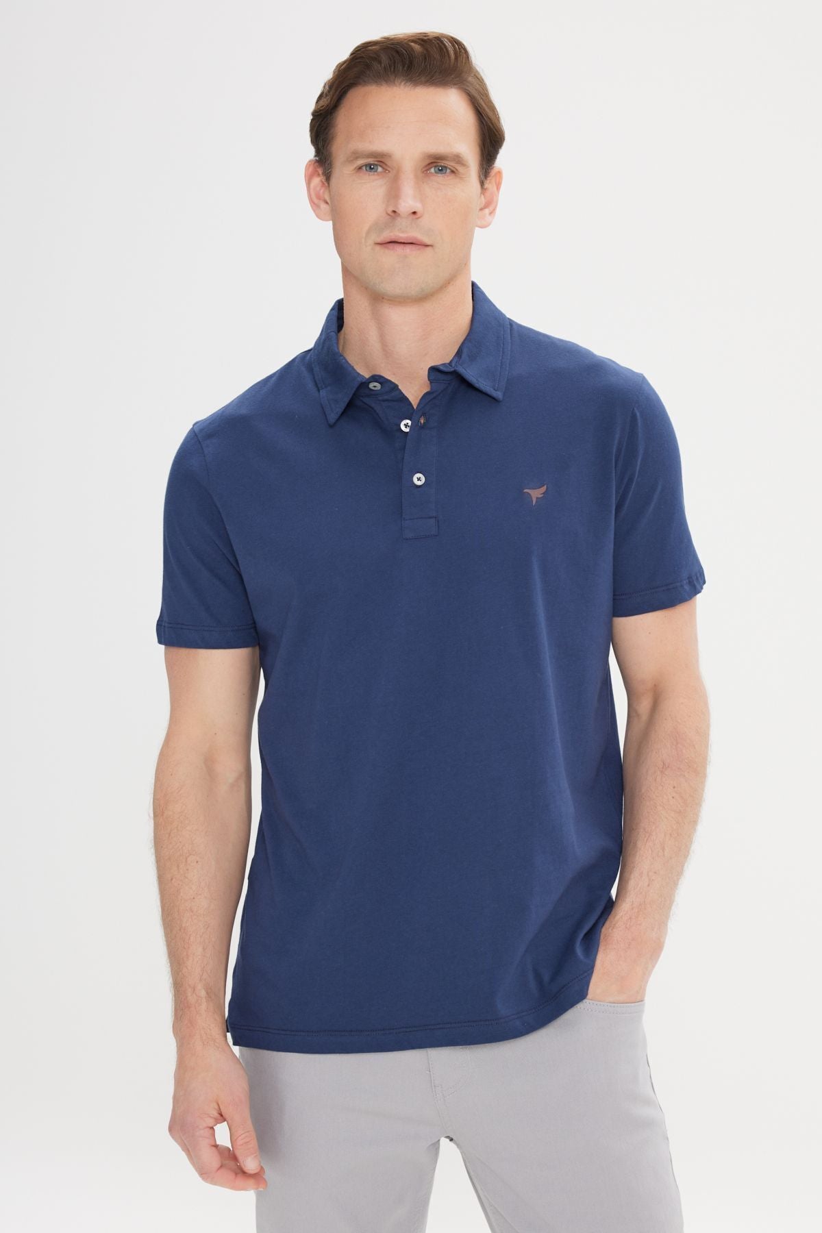 Men's Dark Navy Blue Standard Fit Normal Cutting 100 %Cotton Logo Detailed Polo Yaka T -shirt