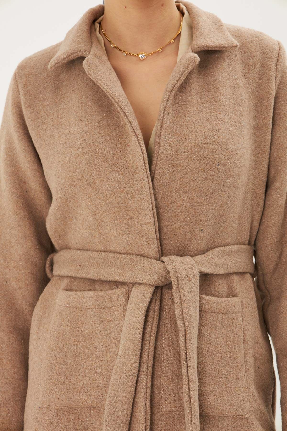 Female Beige Men's Collar Pocket Belt Coat Arm-25k001053