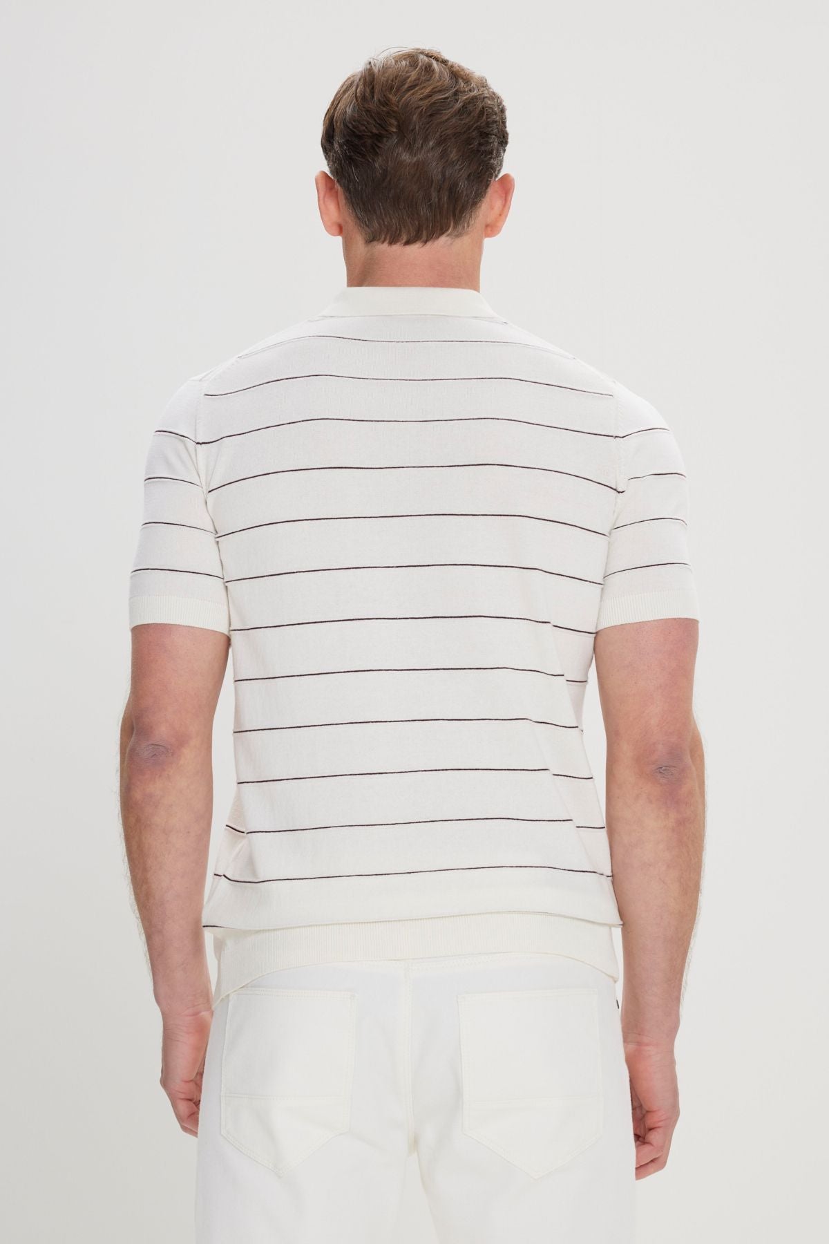 Men's Ecru-Kahve Standard Fit Normal Cutting 100 %Cotton striped Polo Yaka Triko T-shirt