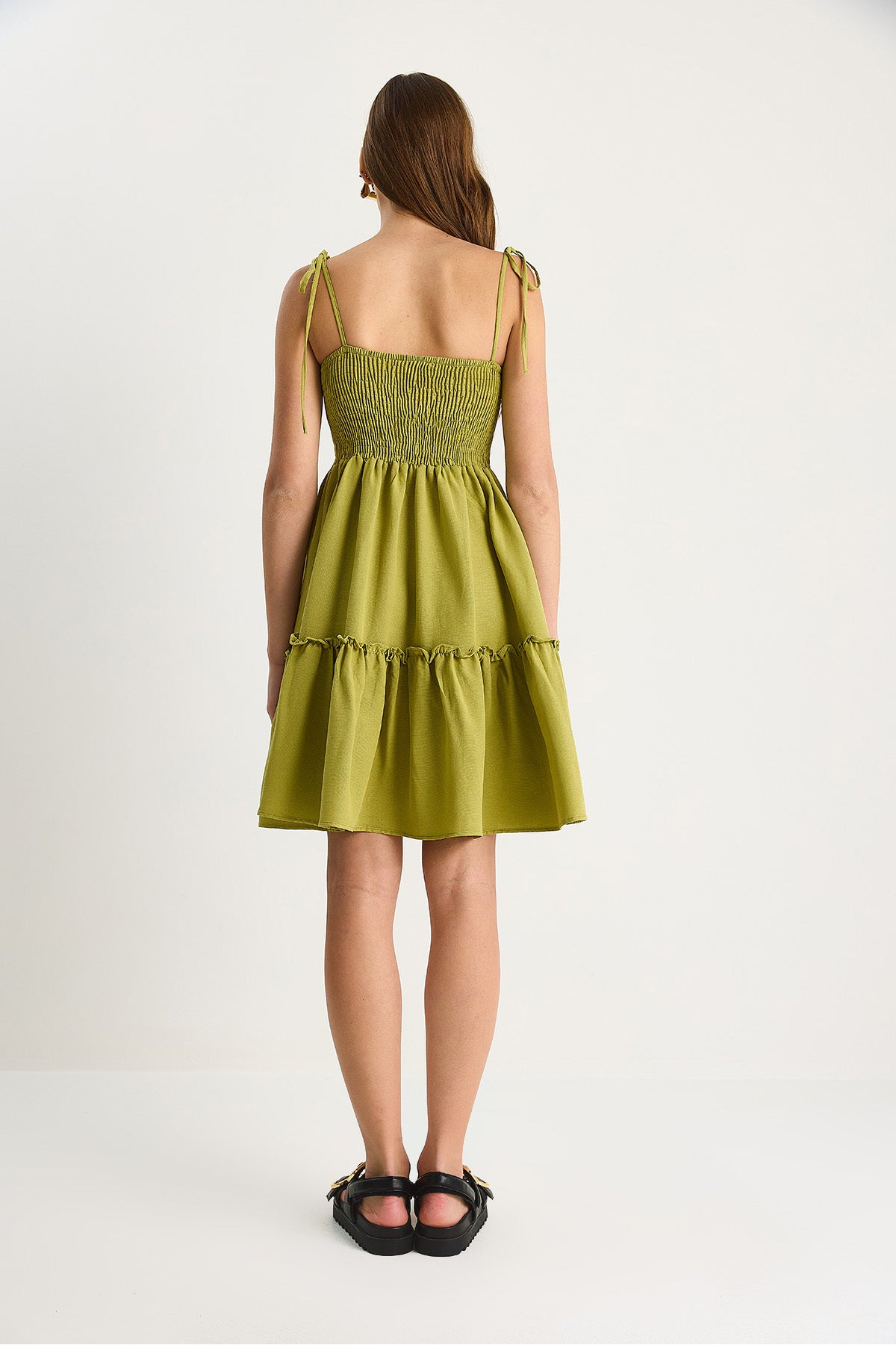 Women's Back Gipe Detailed Layered Thin Strap Cotton Linen Dress 5263 60281108