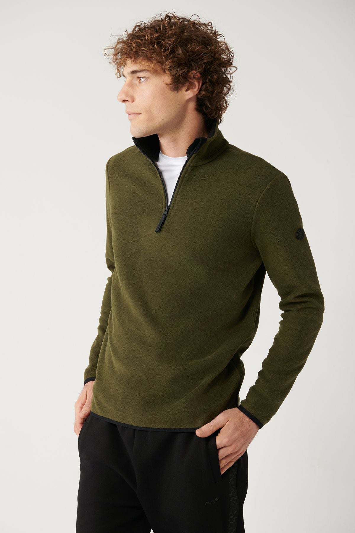 Men's Khaki Polar Sweatshirt vertical collar resistant half -zipper regular Fit E001068