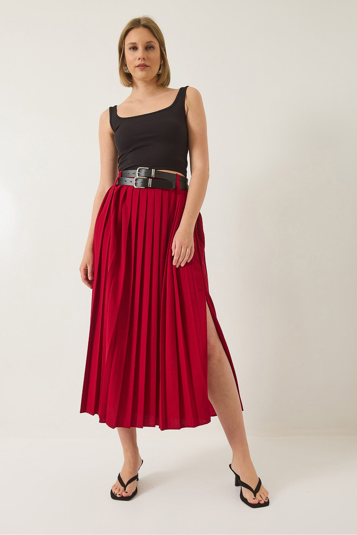Women's Double Belted Slit Detailed Pleated Long Skirt 7167 60283219