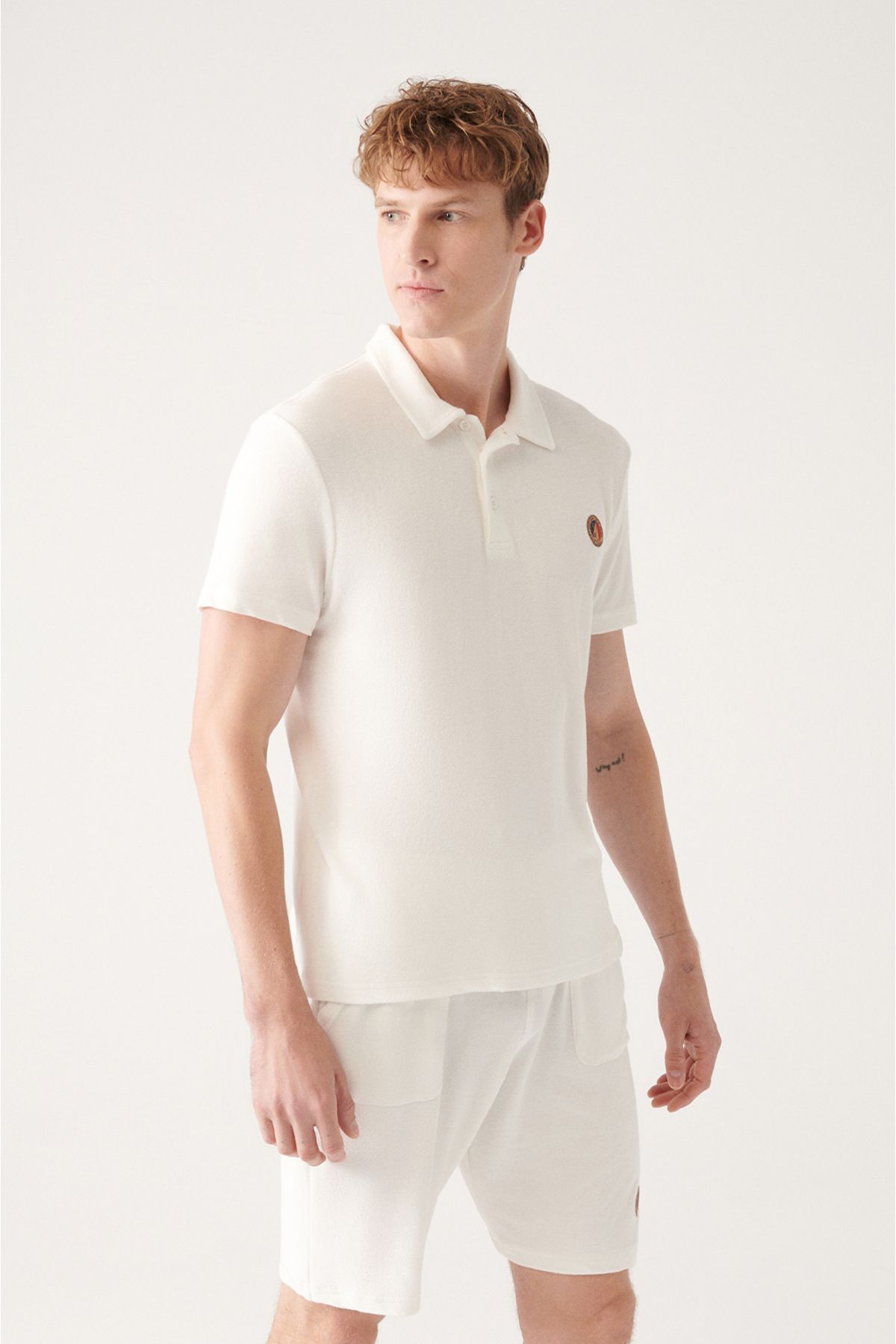 Men's White Soft Touch Towel Marine Printed Polo Yaka T-shirt A31y1033