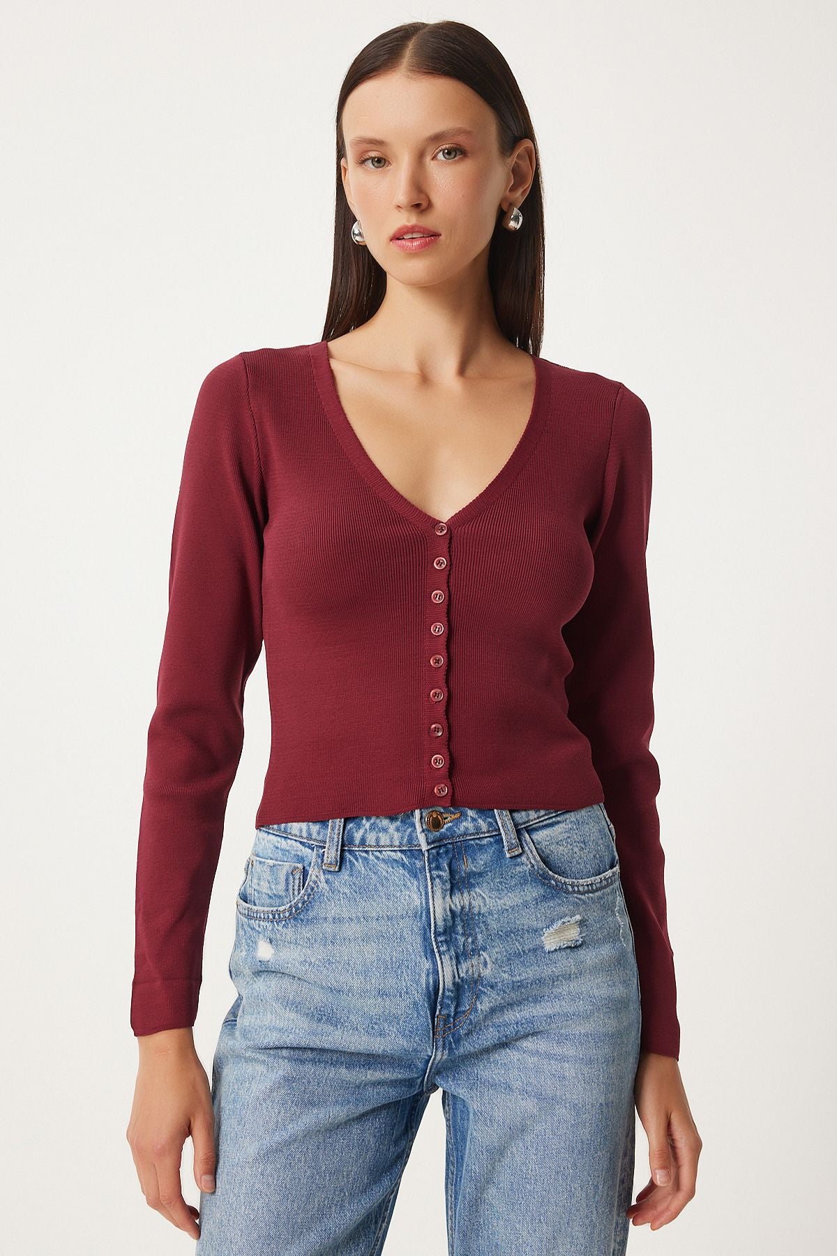Female Bordeaux V -Yaka Knitwear Cardigan FN03356
