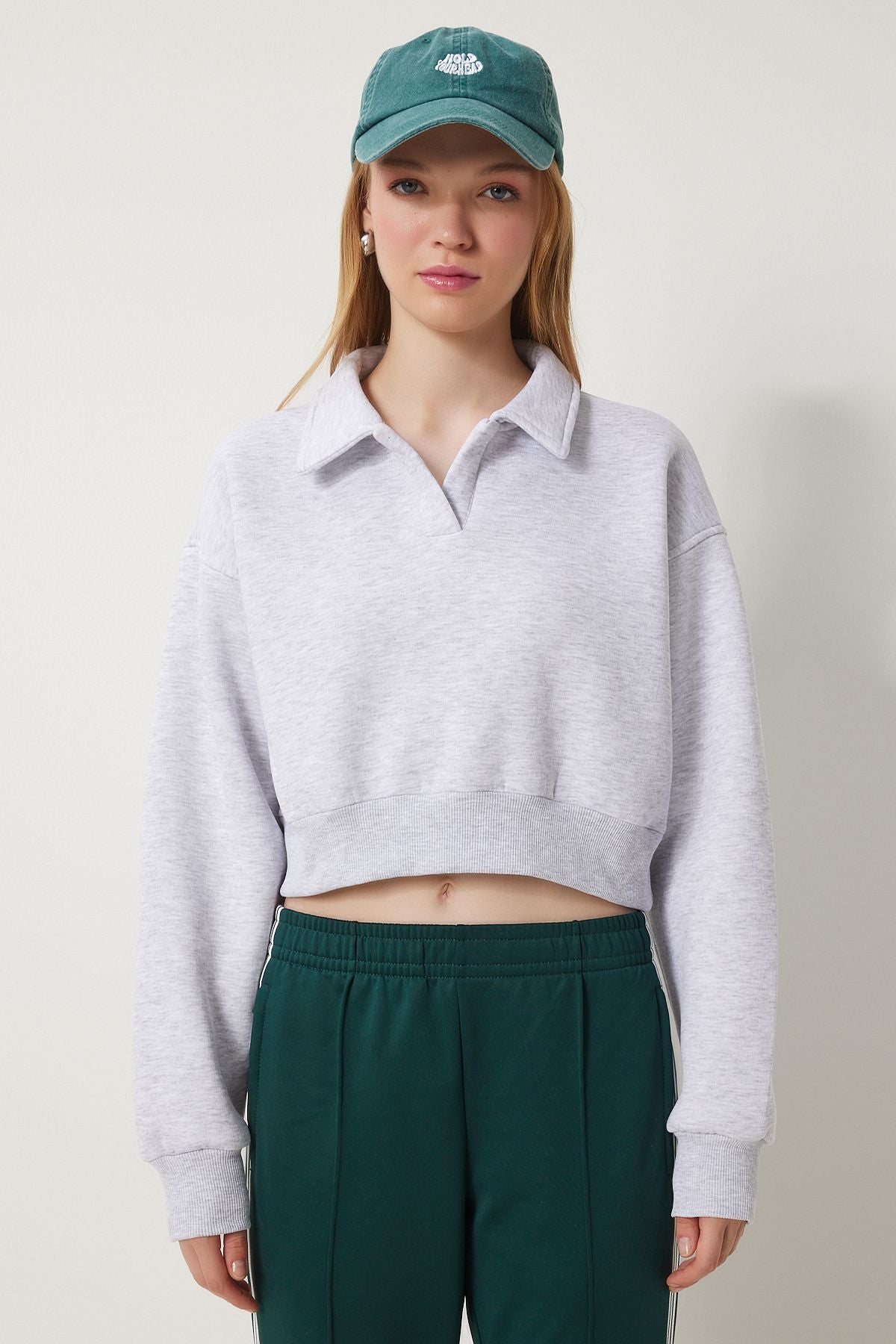 Women's Gray Polo Yaka Crop Knitting Sweatshirt HW00014