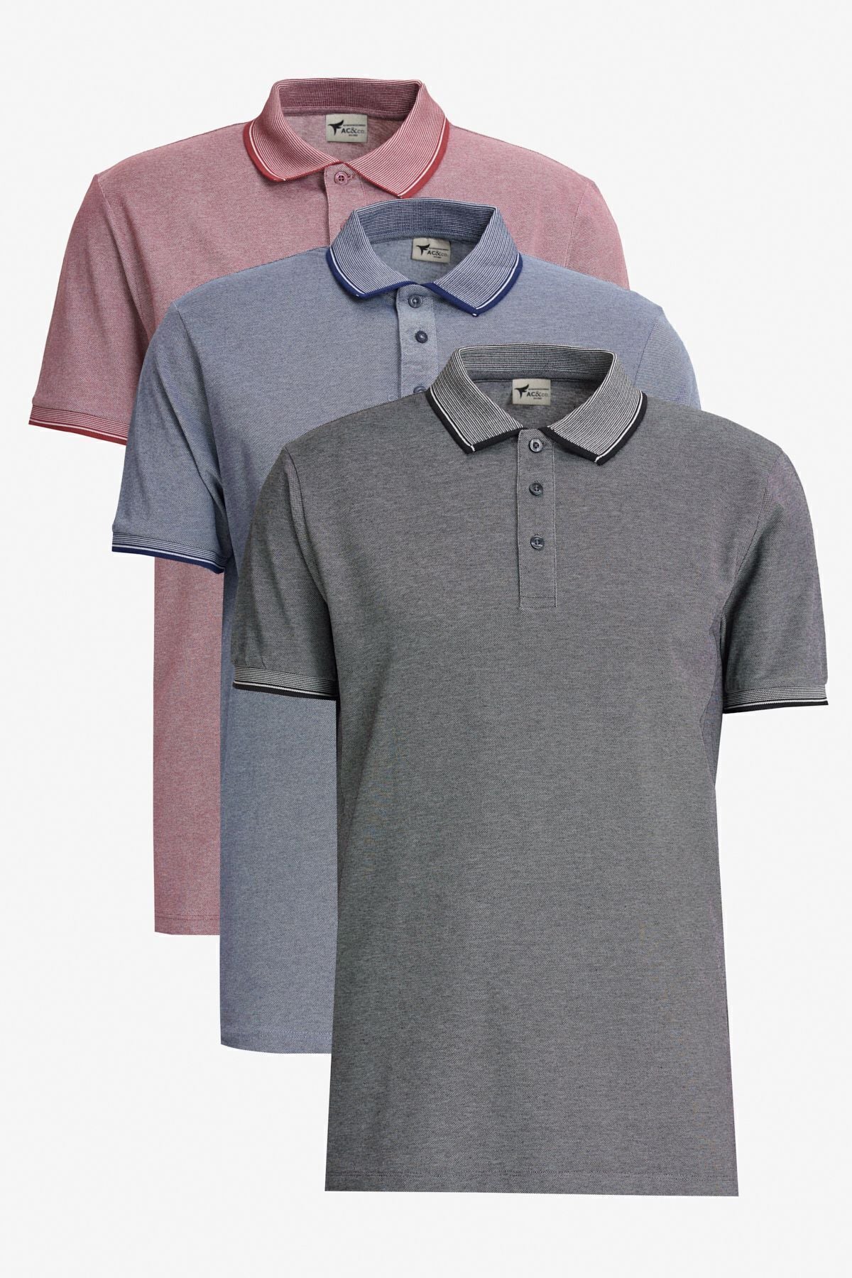 Erkek Bordo-açık Siyah-açık Lacivert 3'lü Çekmeyen Pamuklu Slim Fit Kıvrılmaz Polo Yaka Basic Tişört