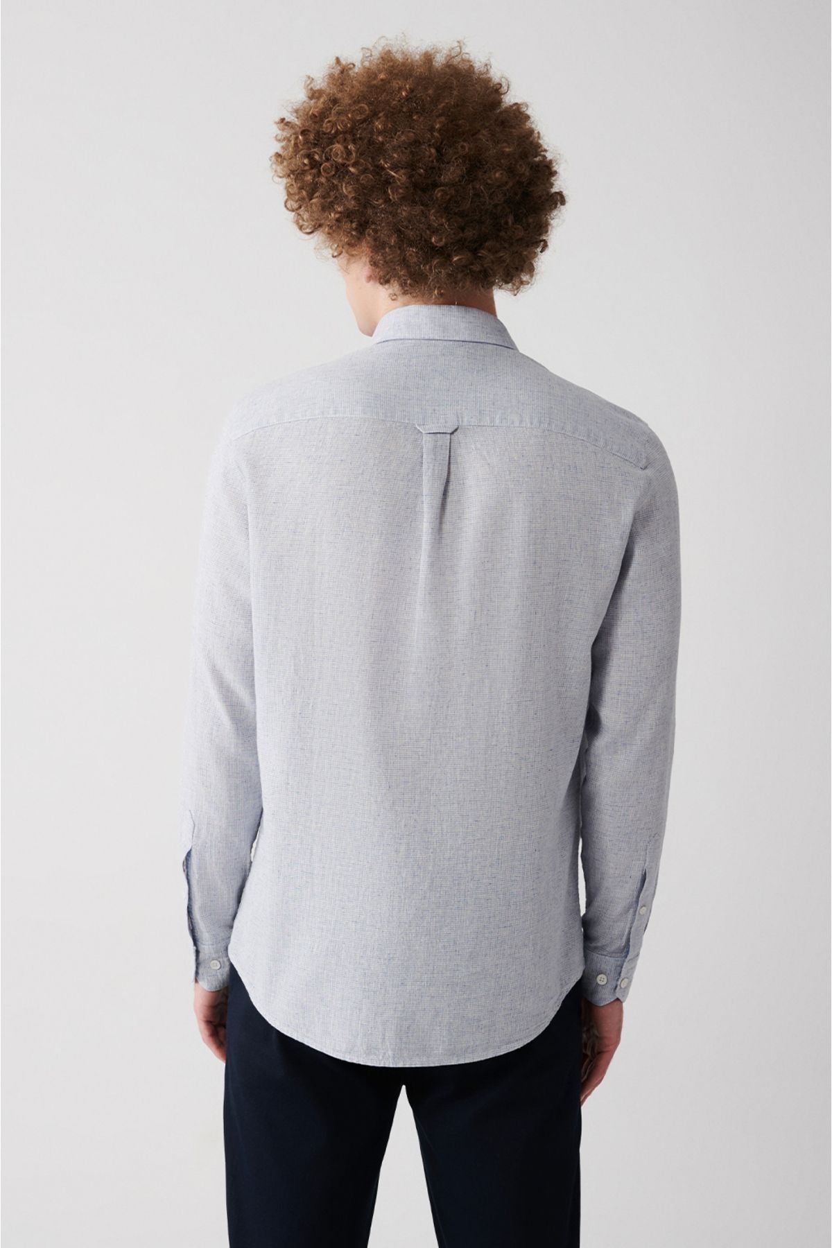 Men's blue cotton linen buttoned collar shirt A31Y2082
