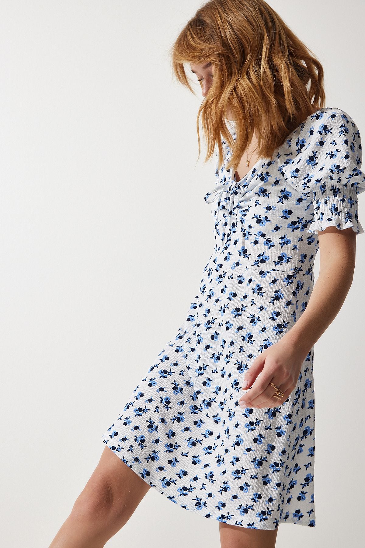 Woman White Shirred V -Neck Patterned Knitting Dress ZV00267