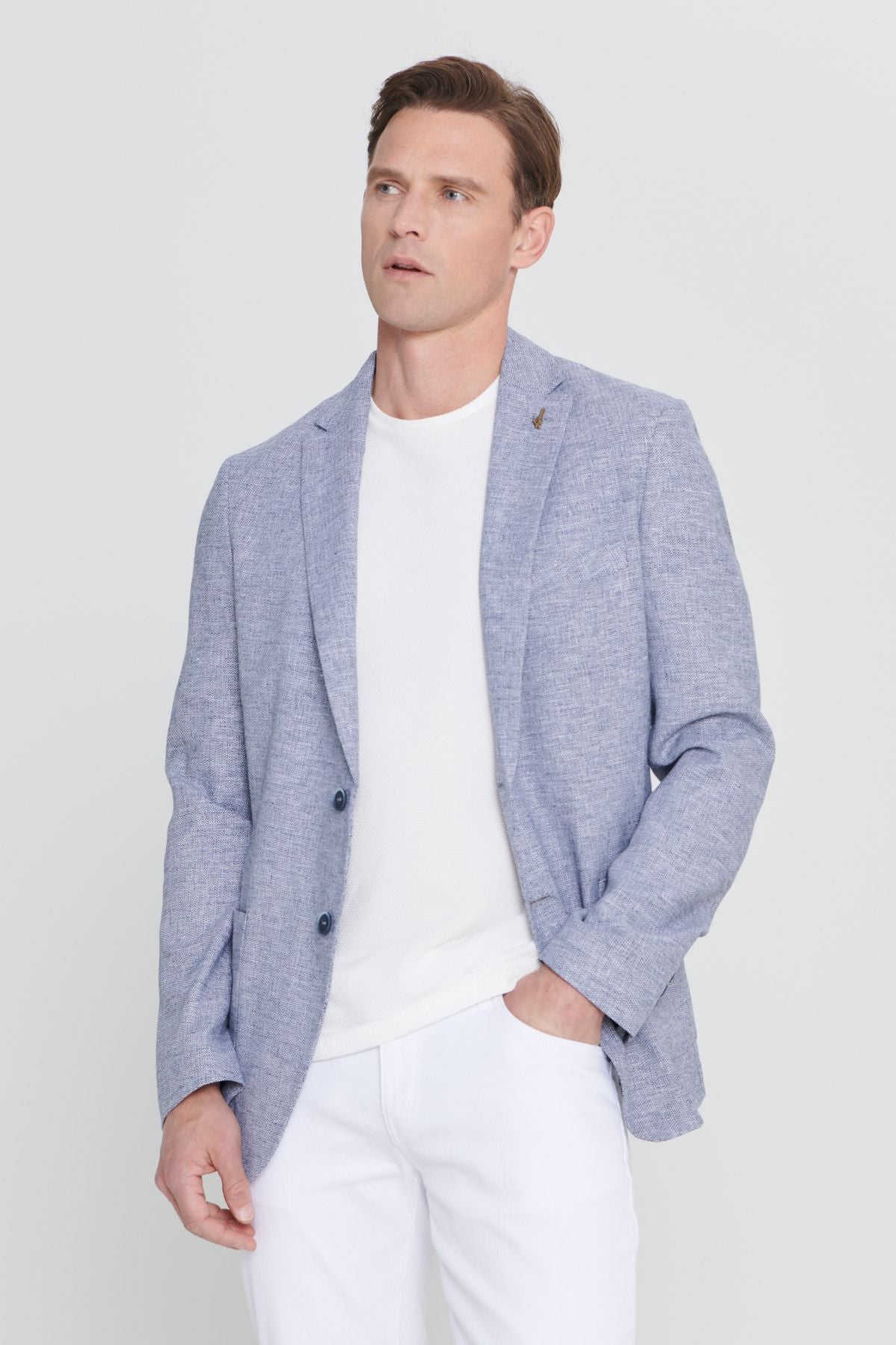 Men's navy blue slim fit narrow cutting linen patterned mono collar bag pocket blazer jacket