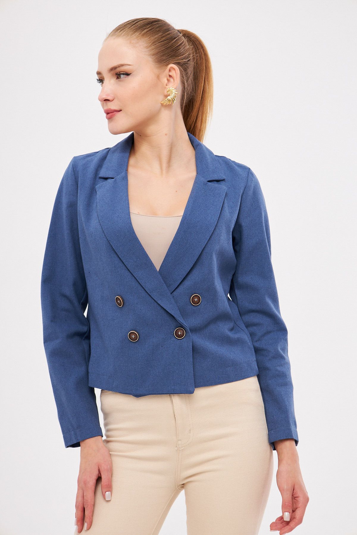 Woman Dark Blue Cruiser Collar Gabardin Crop Jacket ARM-24Y001010