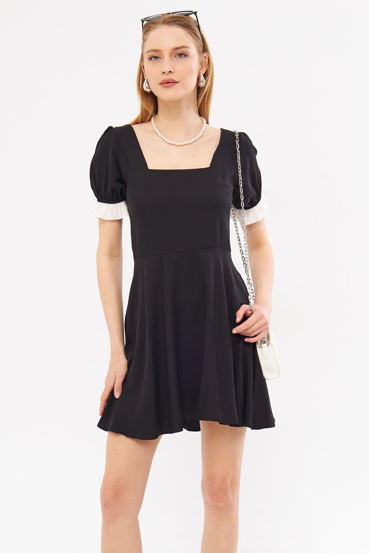 Female Black Front Rear Square Neck Sleeve Tip Detailed Watermelon Sleeve Kloş Mini Dress ARM-24Y001062